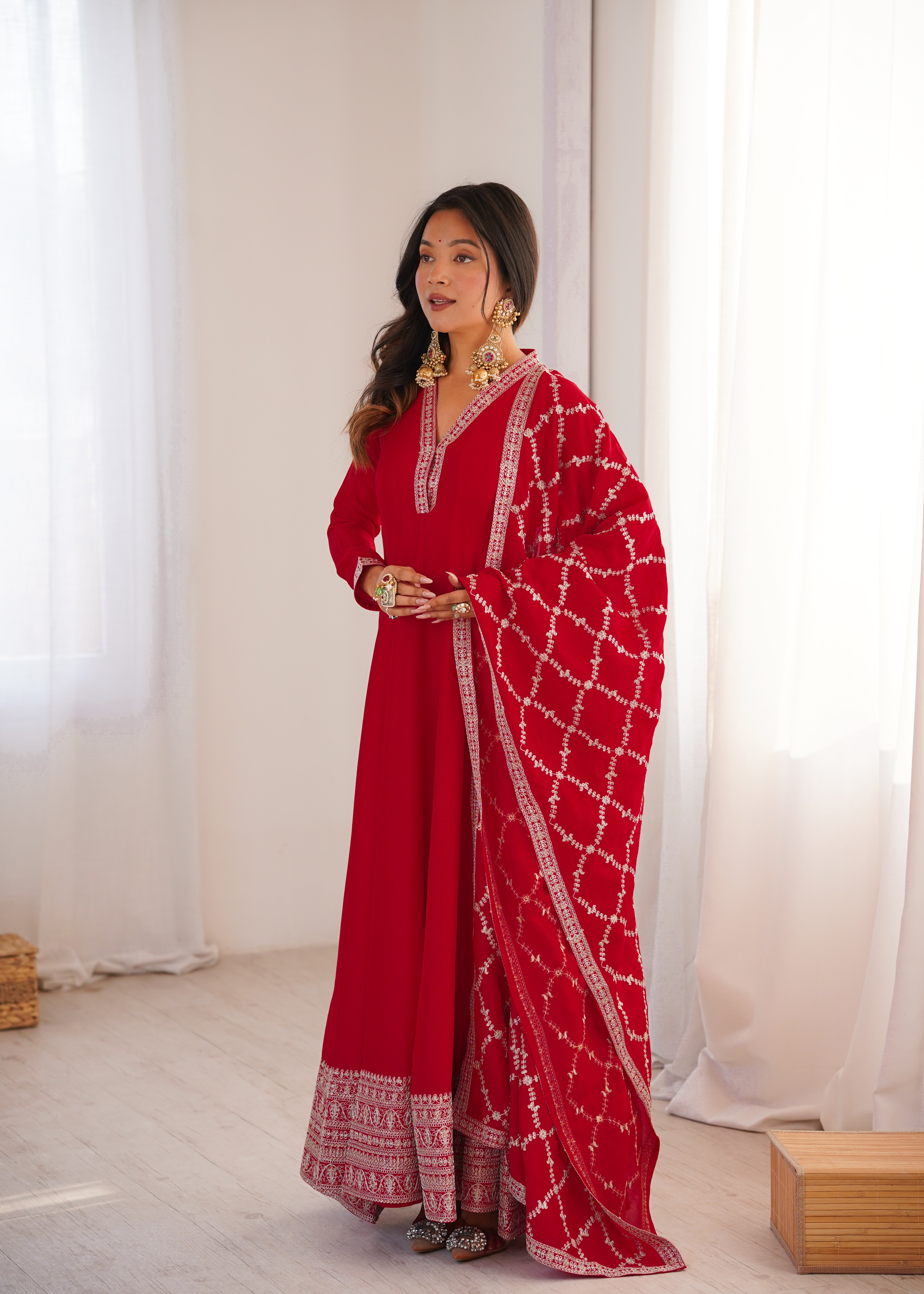 Red Colour Heavy Blooming Vichitra Silk Full Kali Anarkali Gown Set
