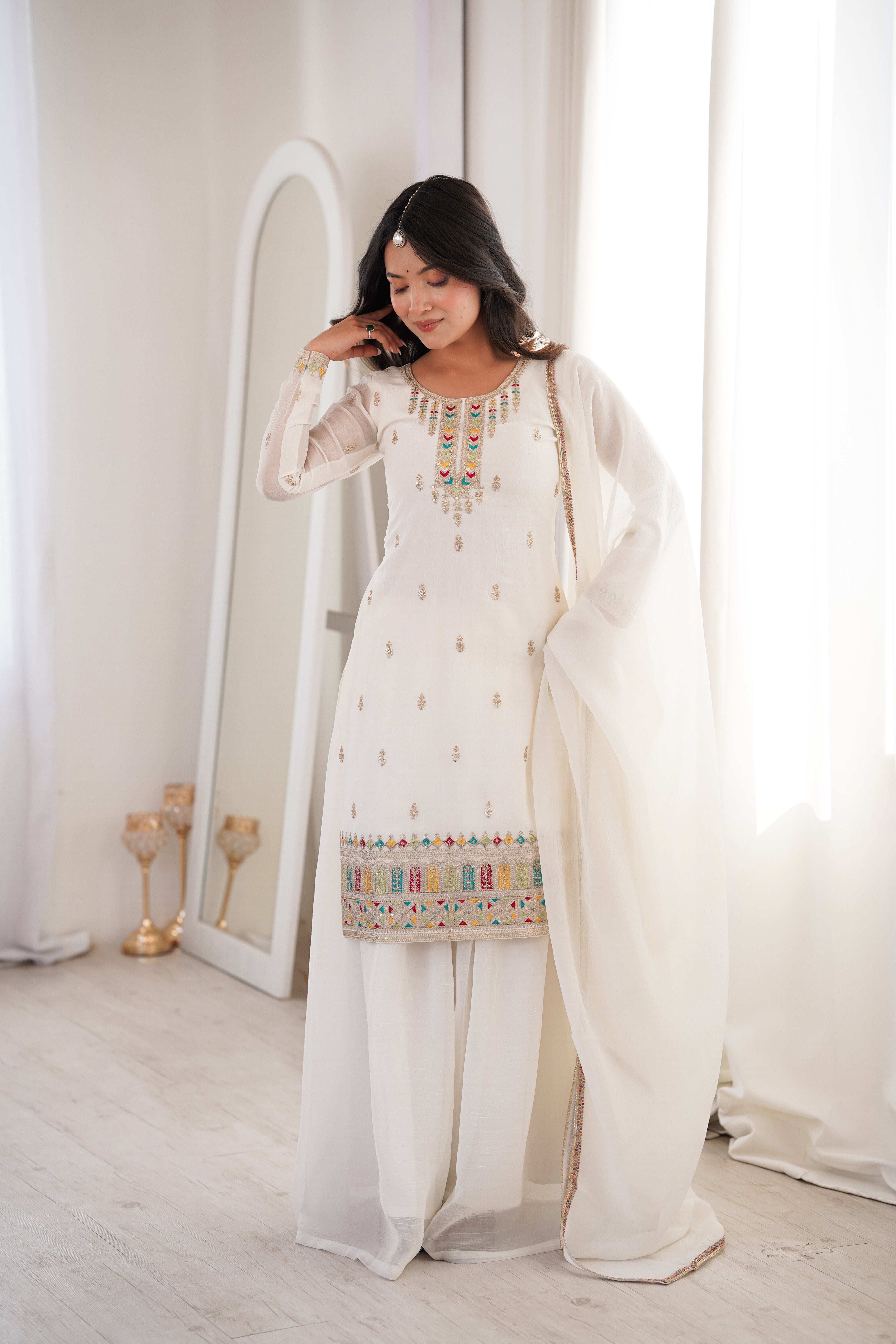 White Clour Heavy Soft Crunchy Silk Kurta Sharara Set