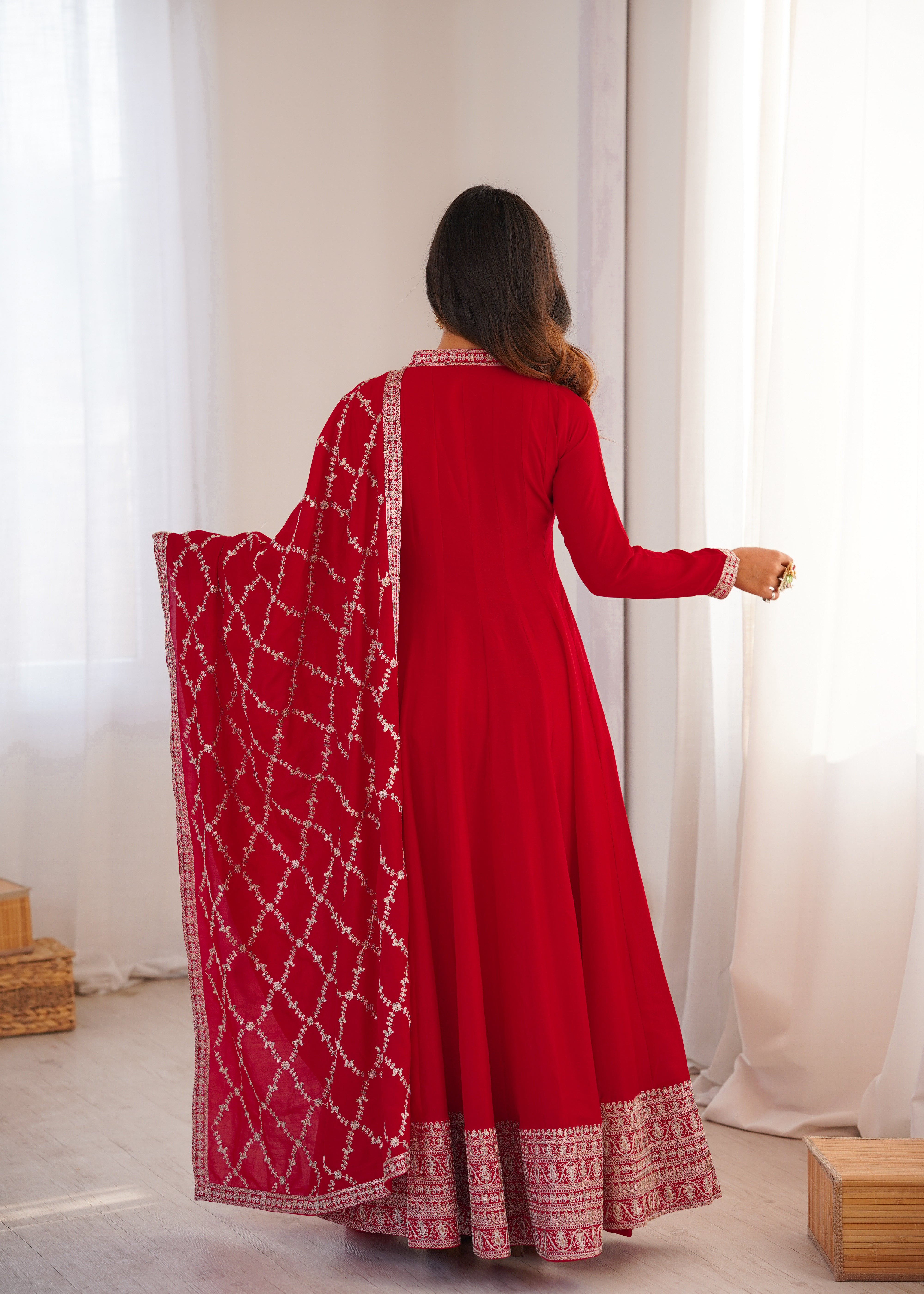 Red Colour Heavy Blooming Vichitra Silk Full Kali Anarkali Gown Set