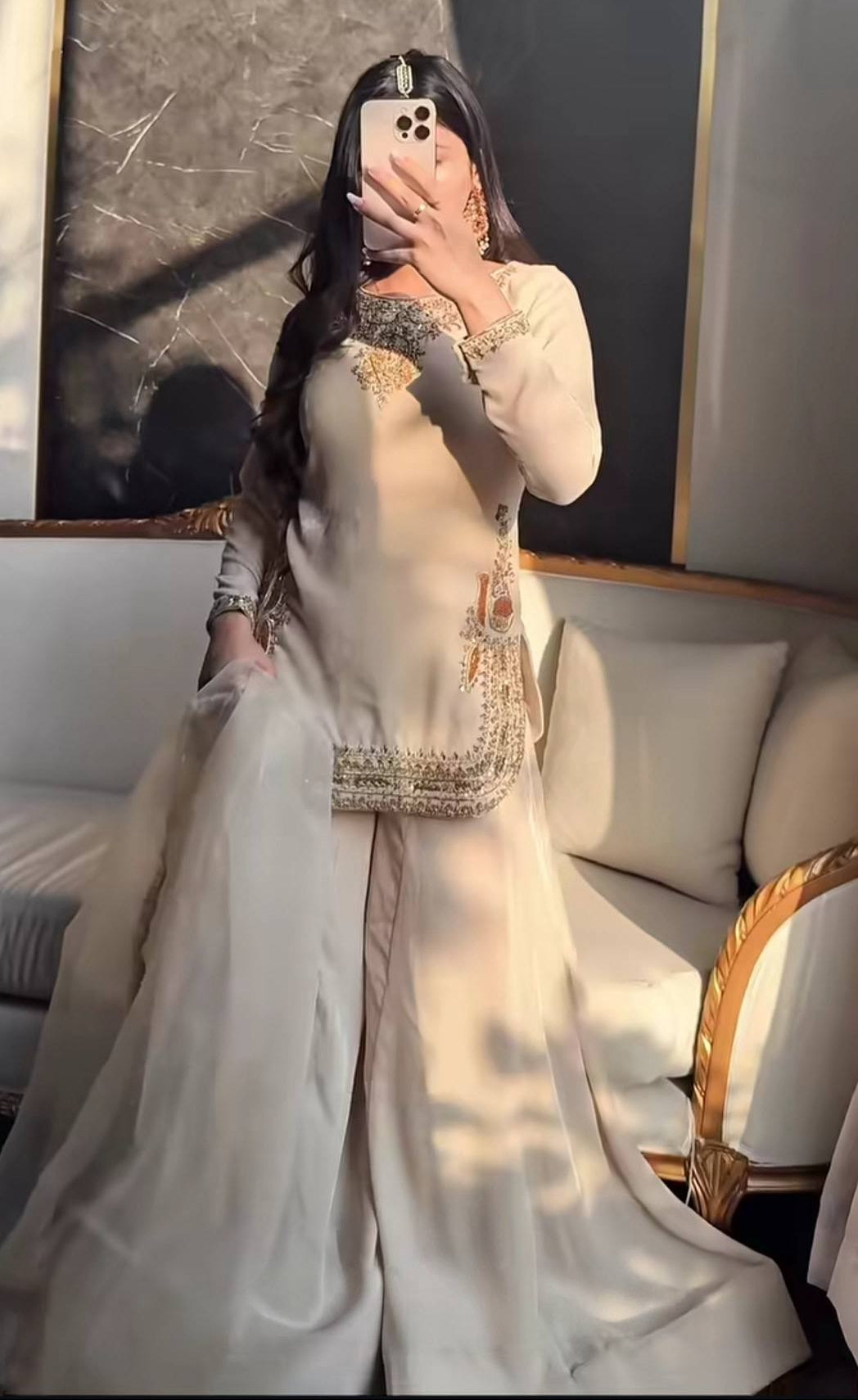 Royal Satin Silk Heavy Bead & Sequin Embroidered Sharara Set with Organza Dupatta