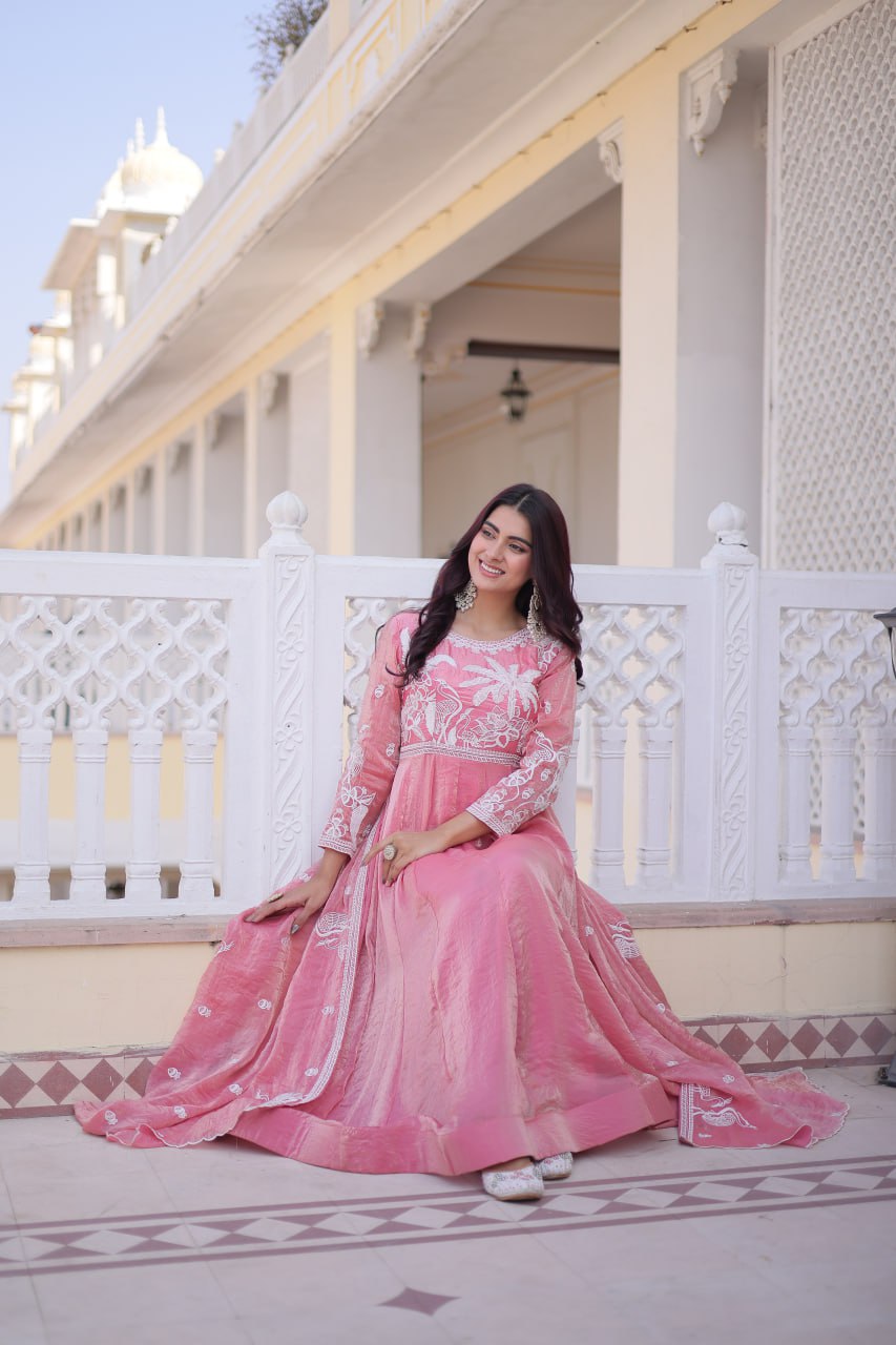 Festive Special Fendi Satin Ready-Made Gown with Dupatta