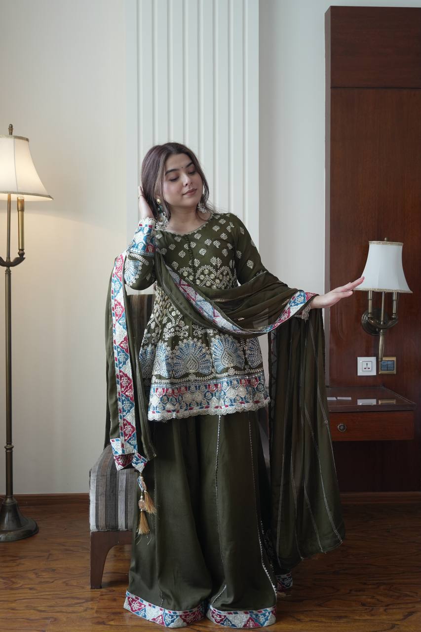 Mendi Colur Chinon Sequence Embroidered Kali Plazzo Set