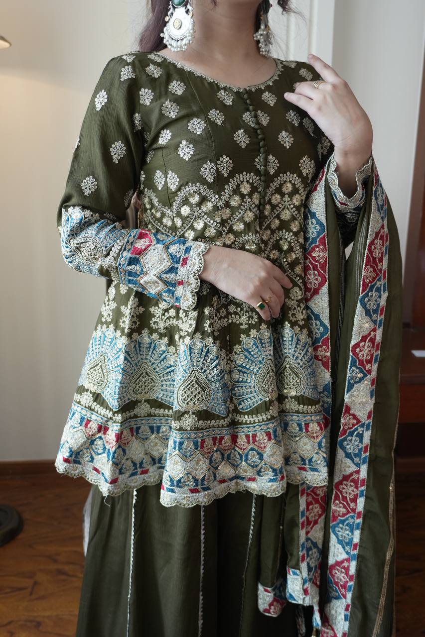 Mendi Colur Chinon Sequence Embroidered Kali Plazzo Set