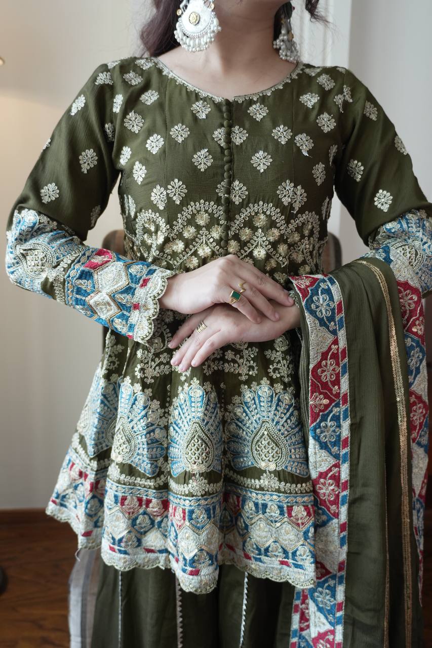 Mendi Colur Chinon Sequence Embroidered Kali Plazzo Set