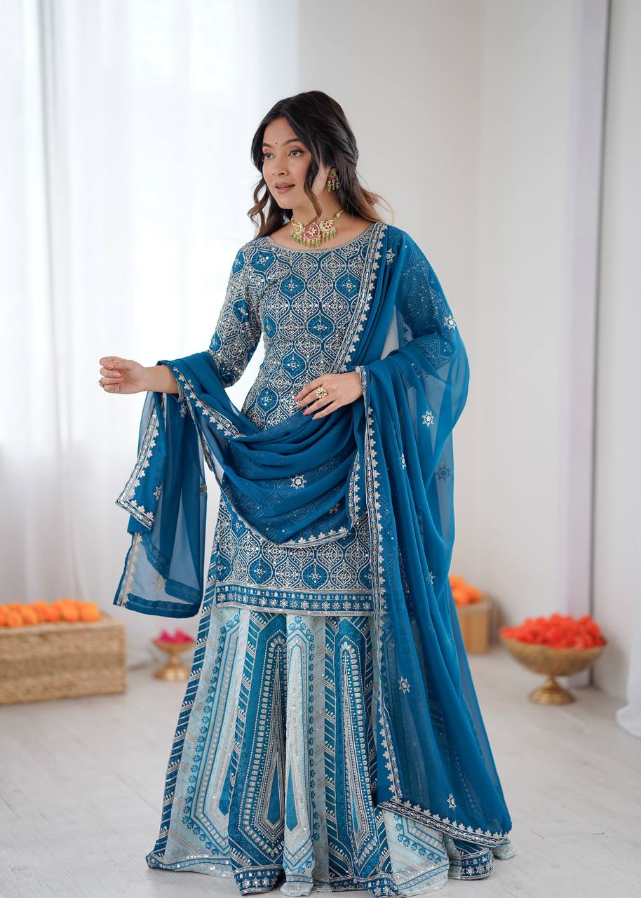 Sky Blue Grand Flair Faux Georgette Lehenga Set