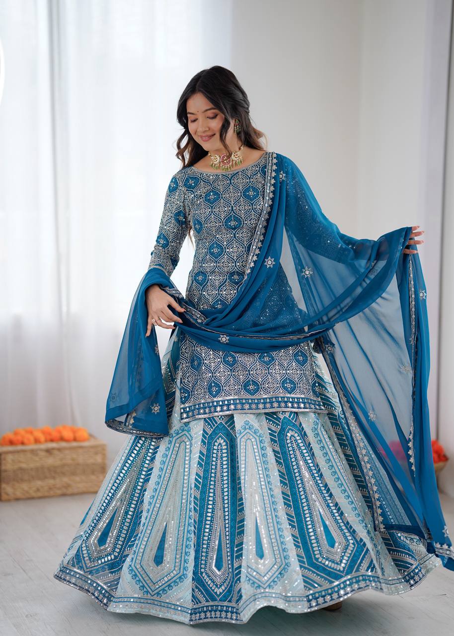 Sky Blue Grand Flair Faux Georgette Lehenga Set