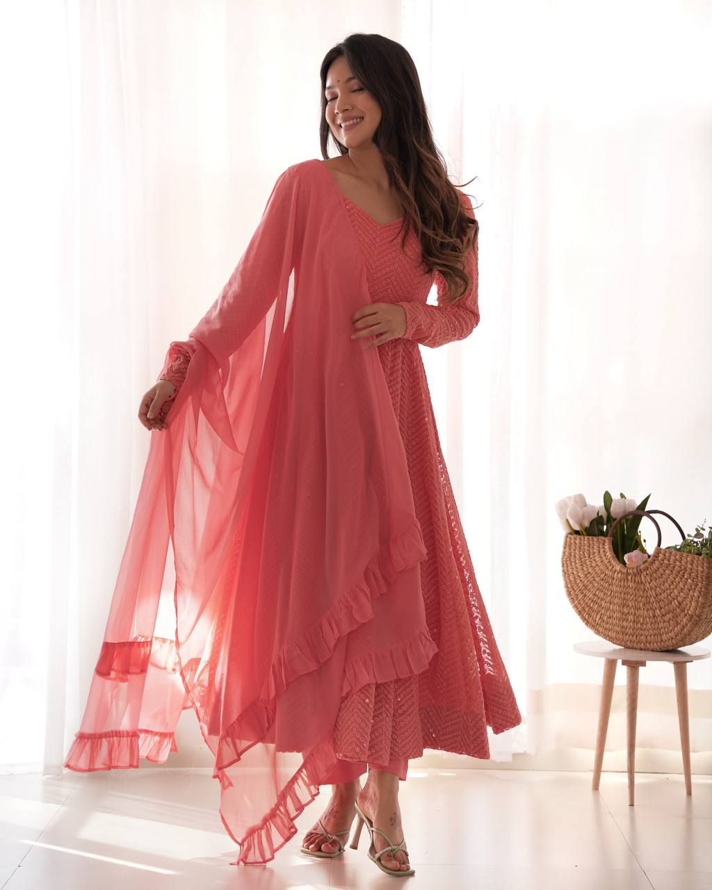Pink Colour Soft Fox Georgette Lucknowi Work Anarkali Set