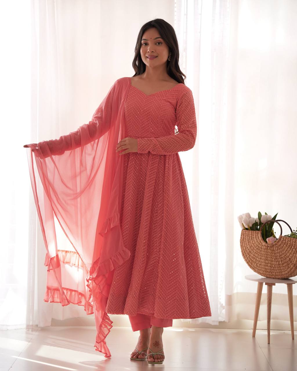 Pink Colour Soft Fox Georgette Lucknowi Work Anarkali Set