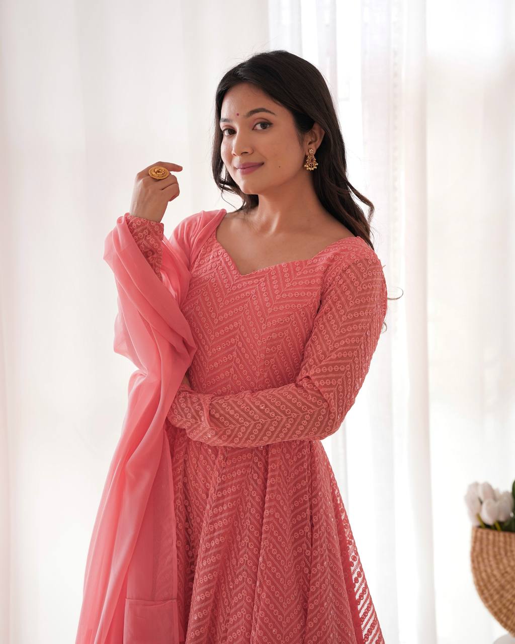 Pink Colour Soft Fox Georgette Lucknowi Work Anarkali Set