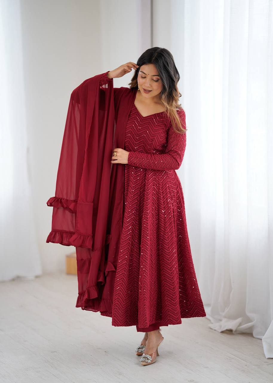 Maroon Colour Soft Fox Georgette Lucknowi Work Anarkali Set
