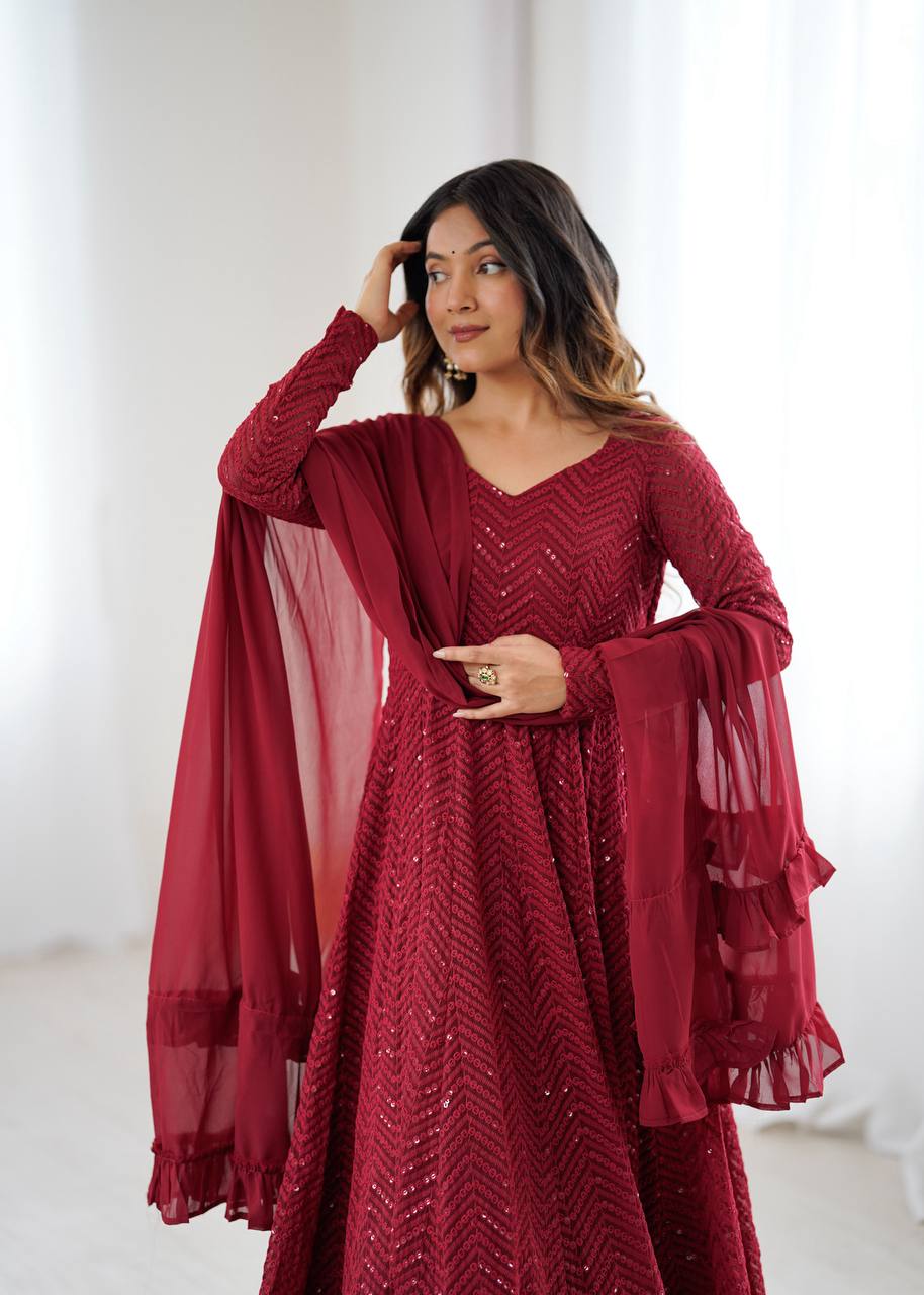 Maroon Colour Soft Fox Georgette Lucknowi Work Anarkali Set