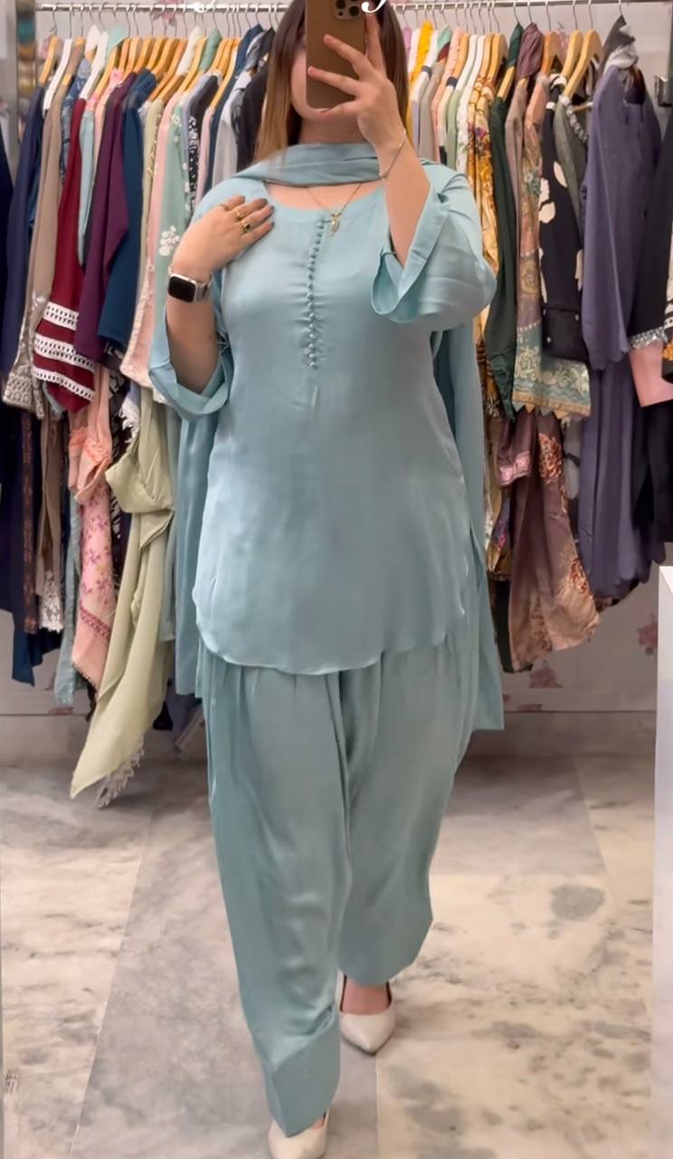 New Launching Natural Crep Silk Party Wear Look Top with Farshi Salwar And Natural Crep Silk Fancy border Dupatta