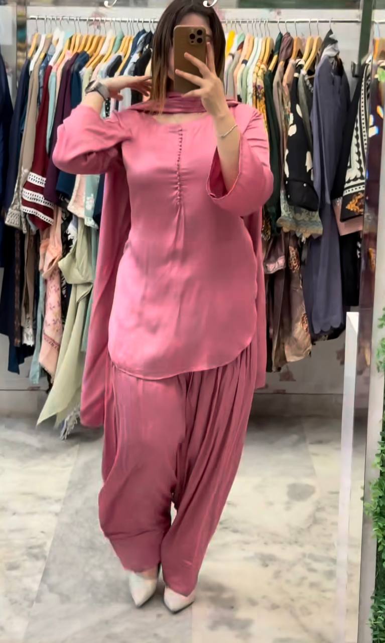 New Launching Natural Crep Silk Party Wear Look Top with Farshi Salwar And Natural Crep Silk Fancy border Dupatta