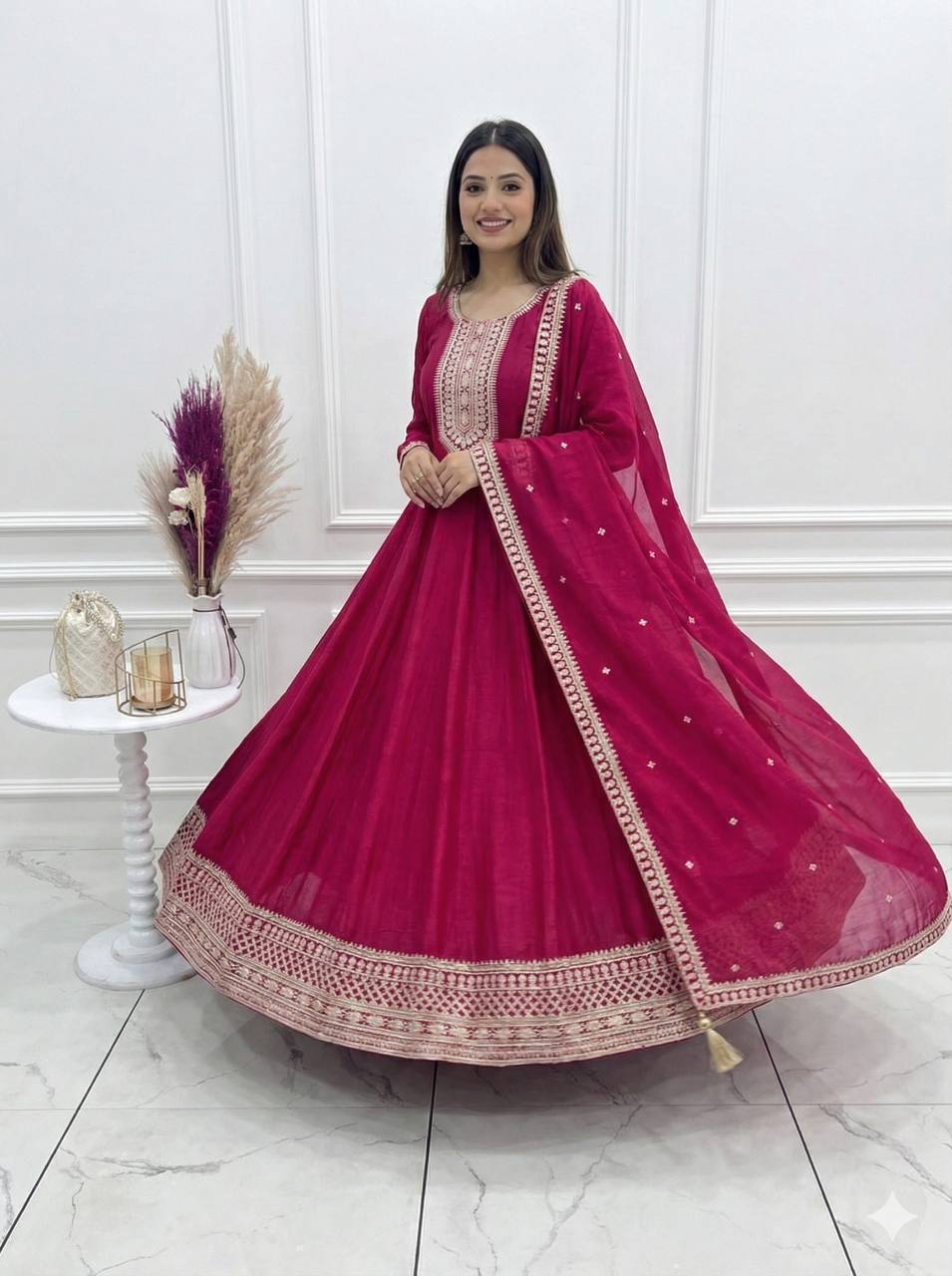 Dark Pink Colour Heavy Vichitra Silk Full Kali Anarkali Gown Set