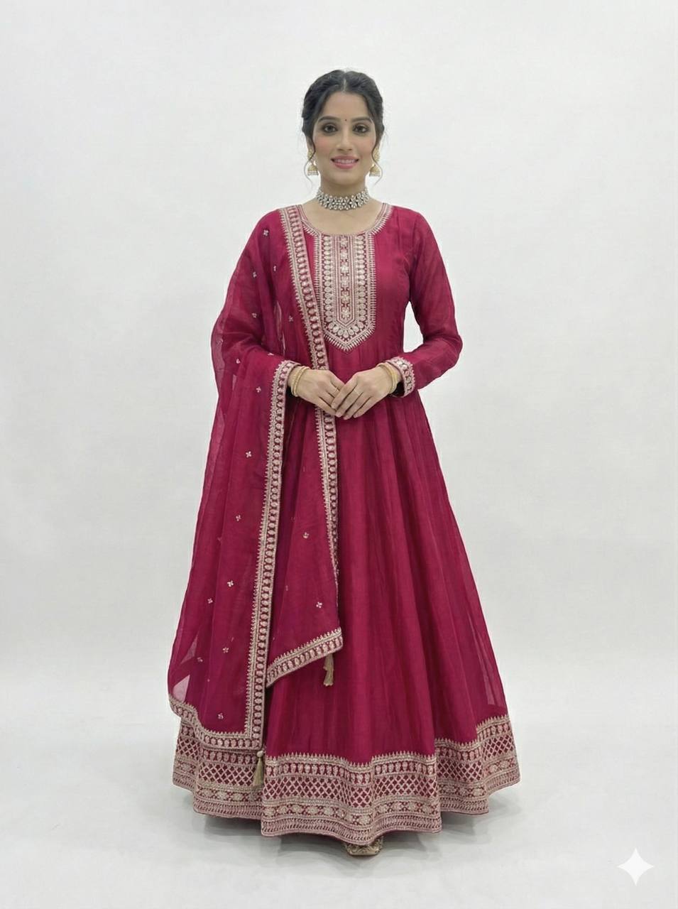 Dark Pink Colour Heavy Vichitra Silk Full Kali Anarkali Gown Set