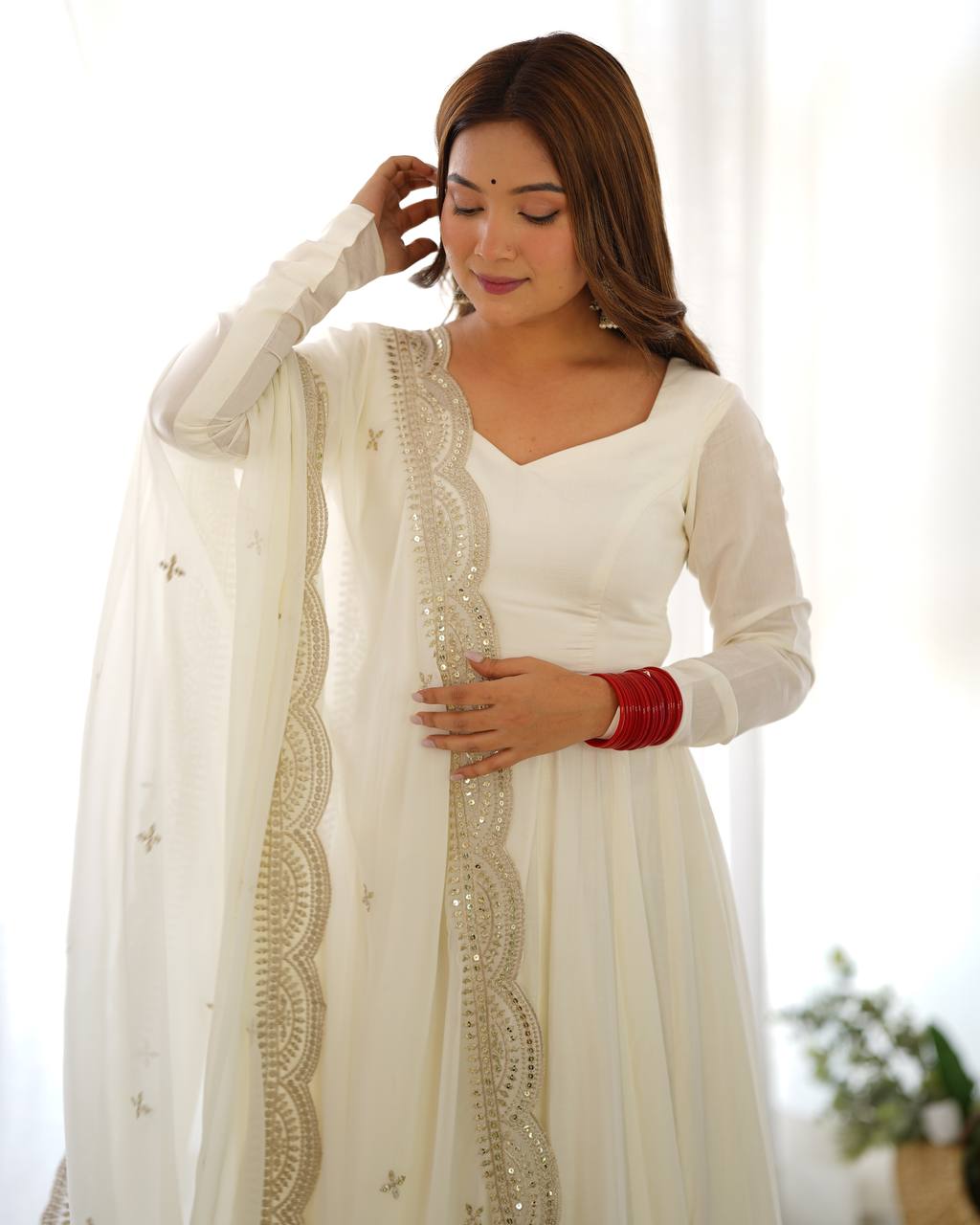 White Heavy Roman Silk Chanderi 16 Kali Anarkali Set