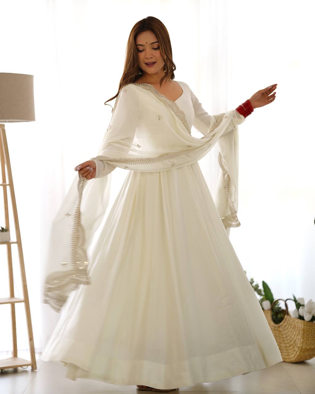 White Heavy Roman Silk Chanderi 16 Kali Anarkali Set