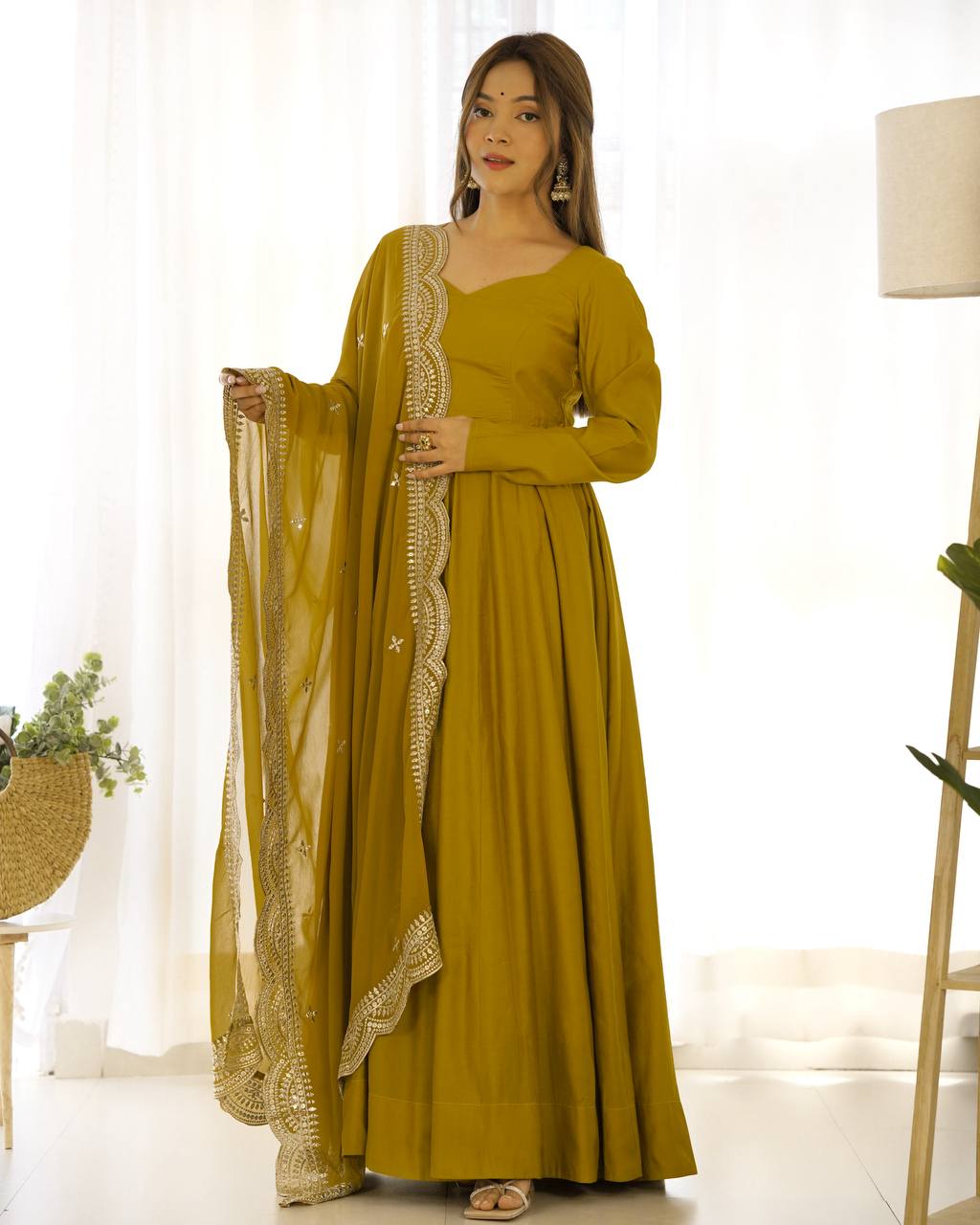 Yellow Clour Heavy Roman Silk Chanderi 16 Kali Anarkali Set