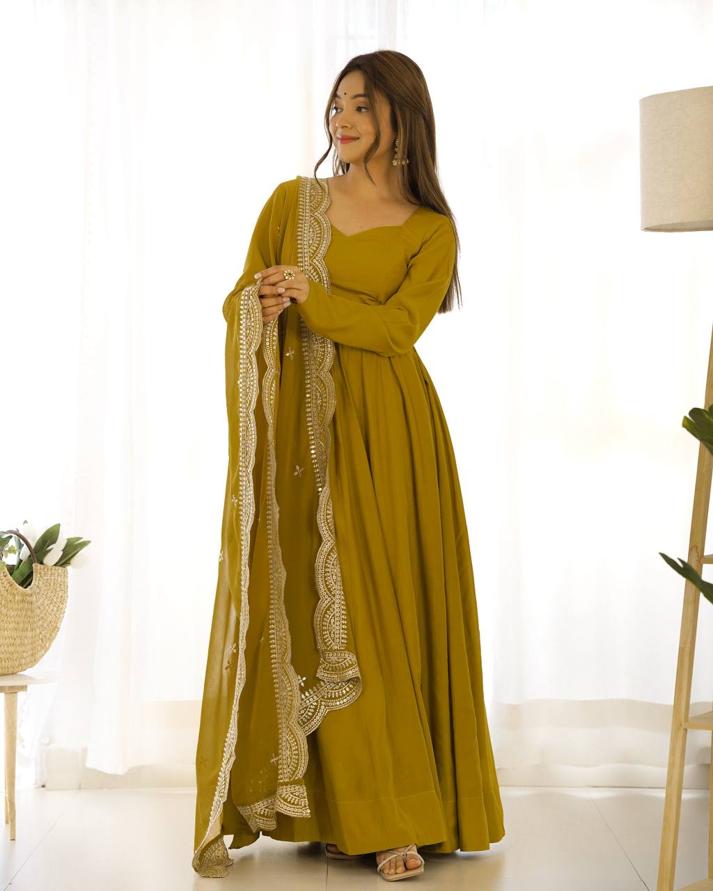 Yellow Clour Heavy Roman Silk Chanderi 16 Kali Anarkali Set