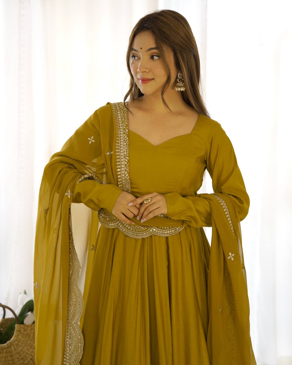 Yellow Clour Heavy Roman Silk Chanderi 16 Kali Anarkali Set