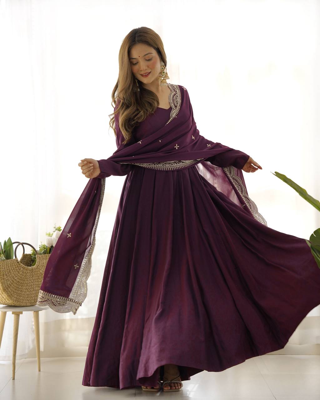 Purple Clour Heavy Roman Silk Chanderi 16 Kali Anarkali Set