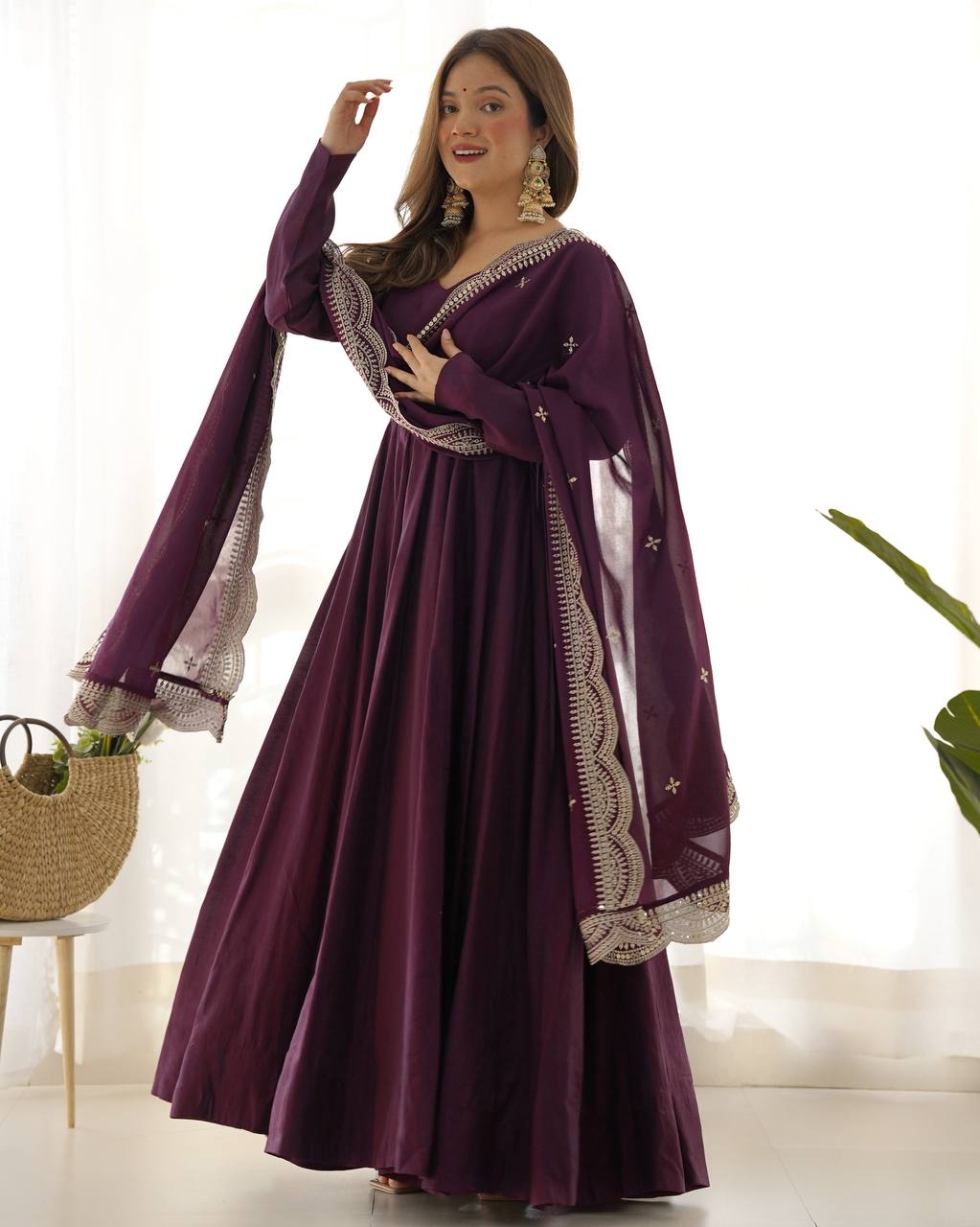 Purple Clour Heavy Roman Silk Chanderi 16 Kali Anarkali Set
