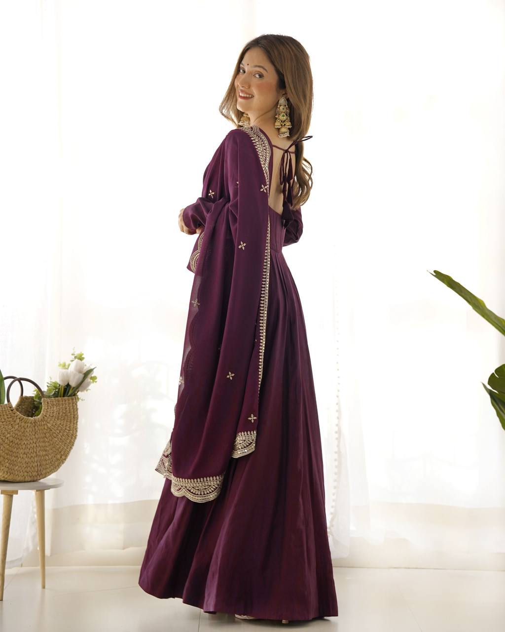Purple Clour Heavy Roman Silk Chanderi 16 Kali Anarkali Set