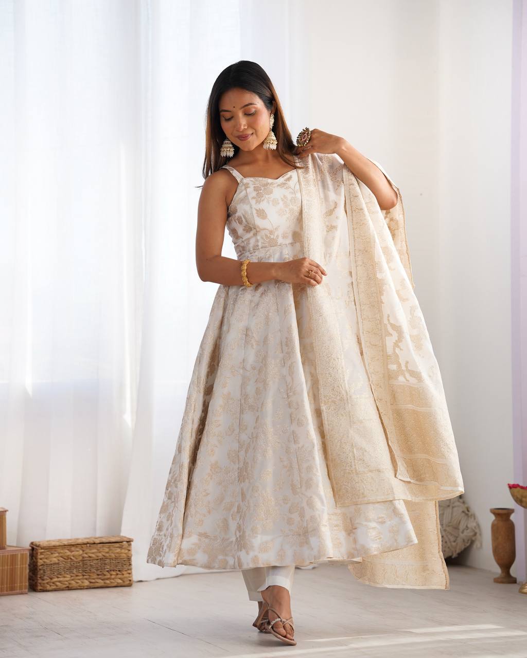 Cream Colour Banarasi Jacquard Dola Silk Anarkali Set