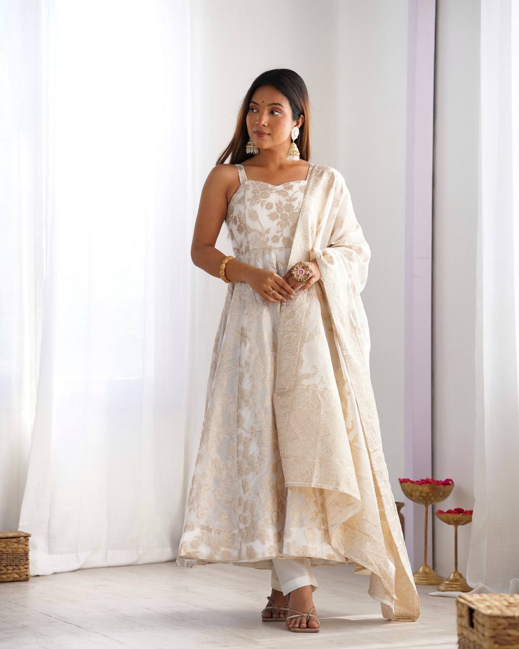 Cream Colour Banarasi Jacquard Dola Silk Anarkali Set