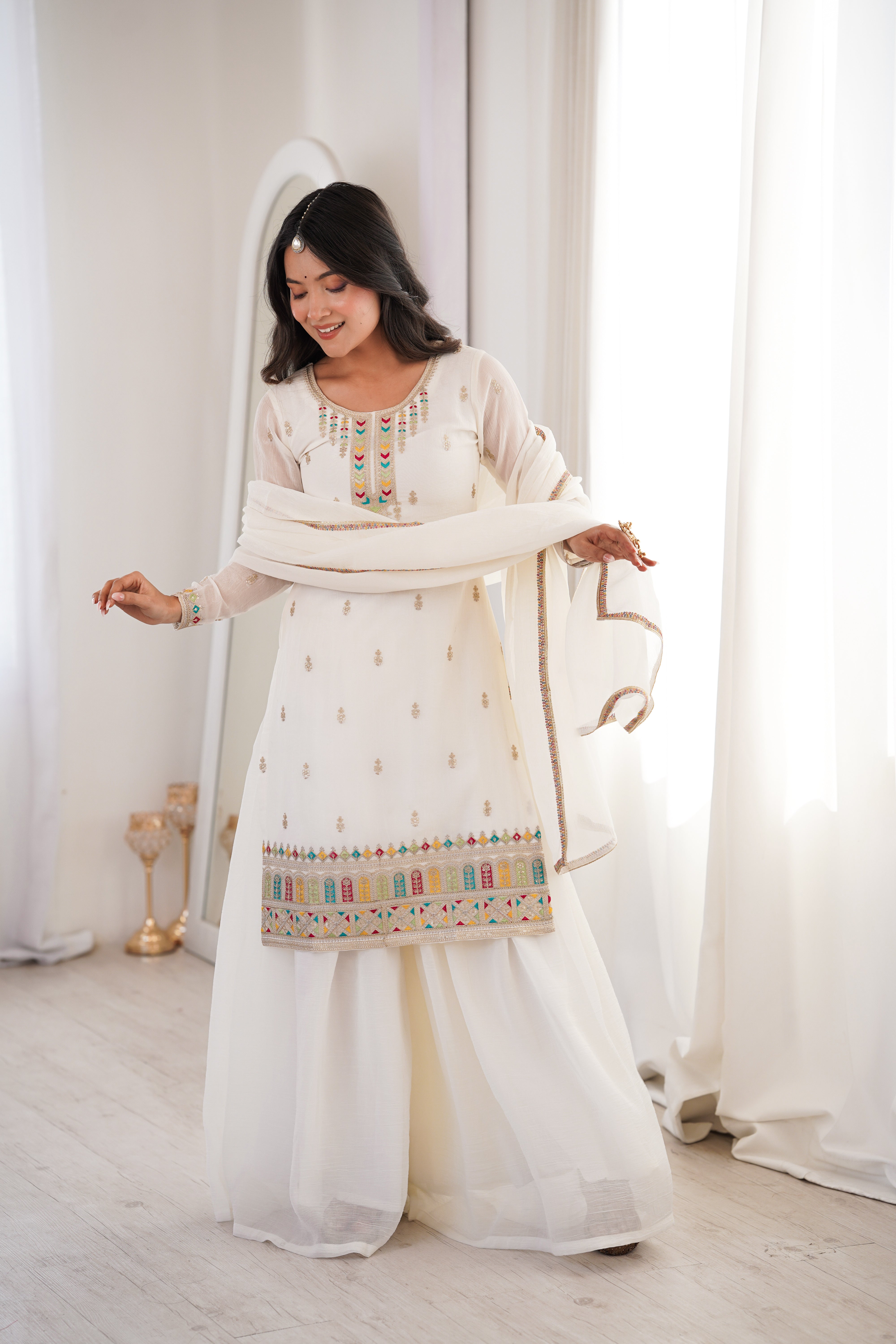 White Clour Heavy Soft Crunchy Silk Kurta Sharara Set