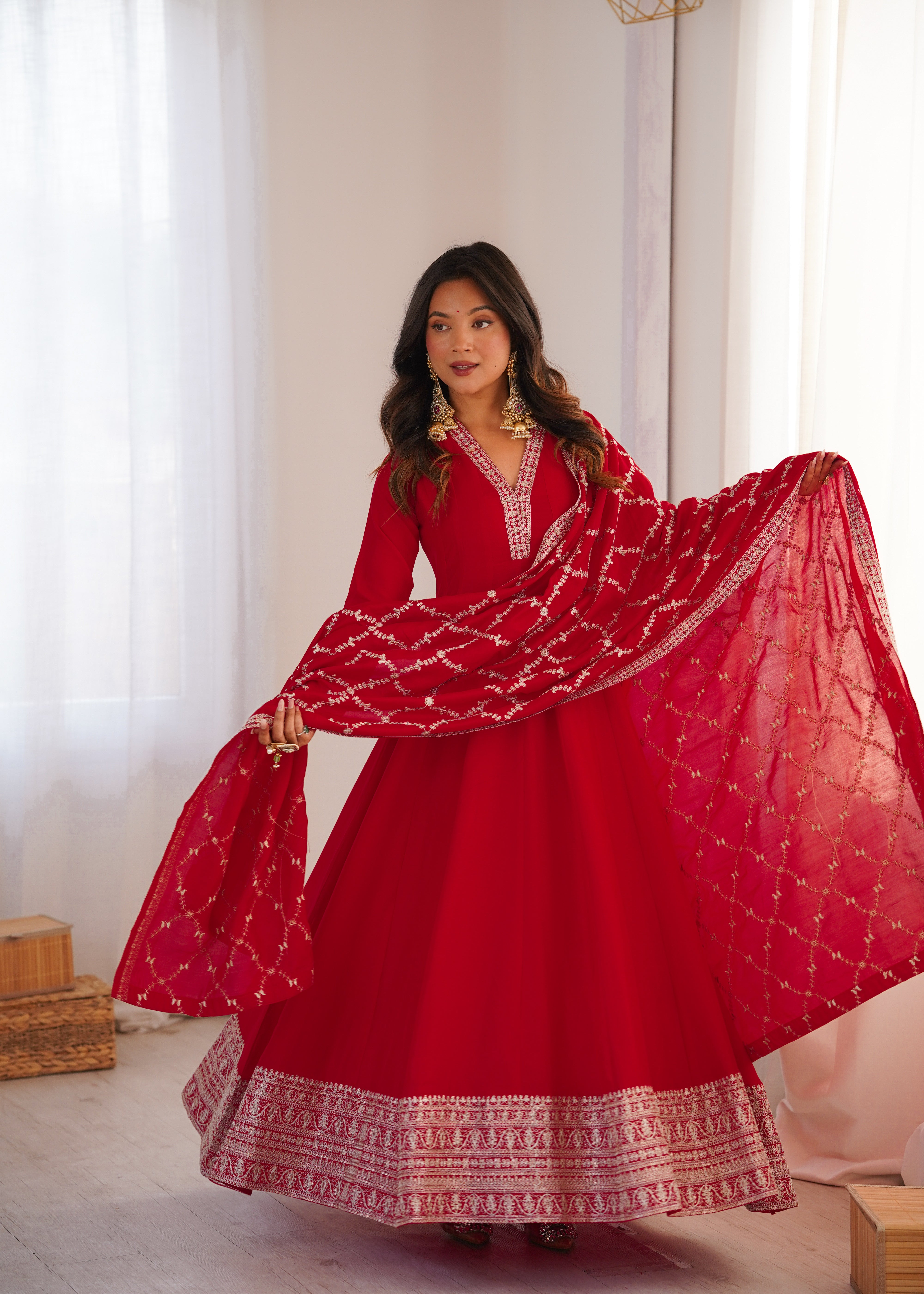 Red Colour Heavy Blooming Vichitra Silk Full Kali Anarkali Gown Set