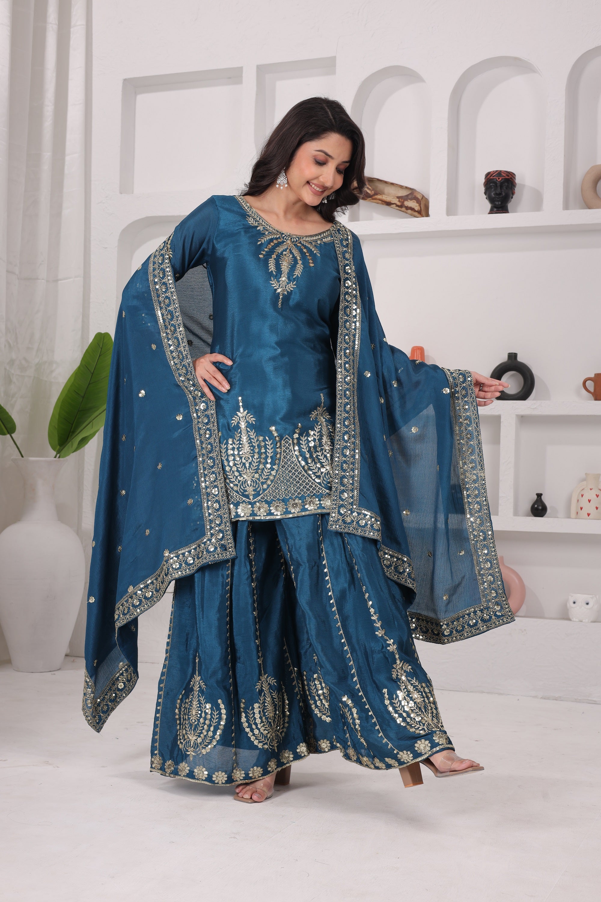 Chinon Silk Kurti Sharara Set with Embroidered Dupatta – Ethnic Party & Festive Wear