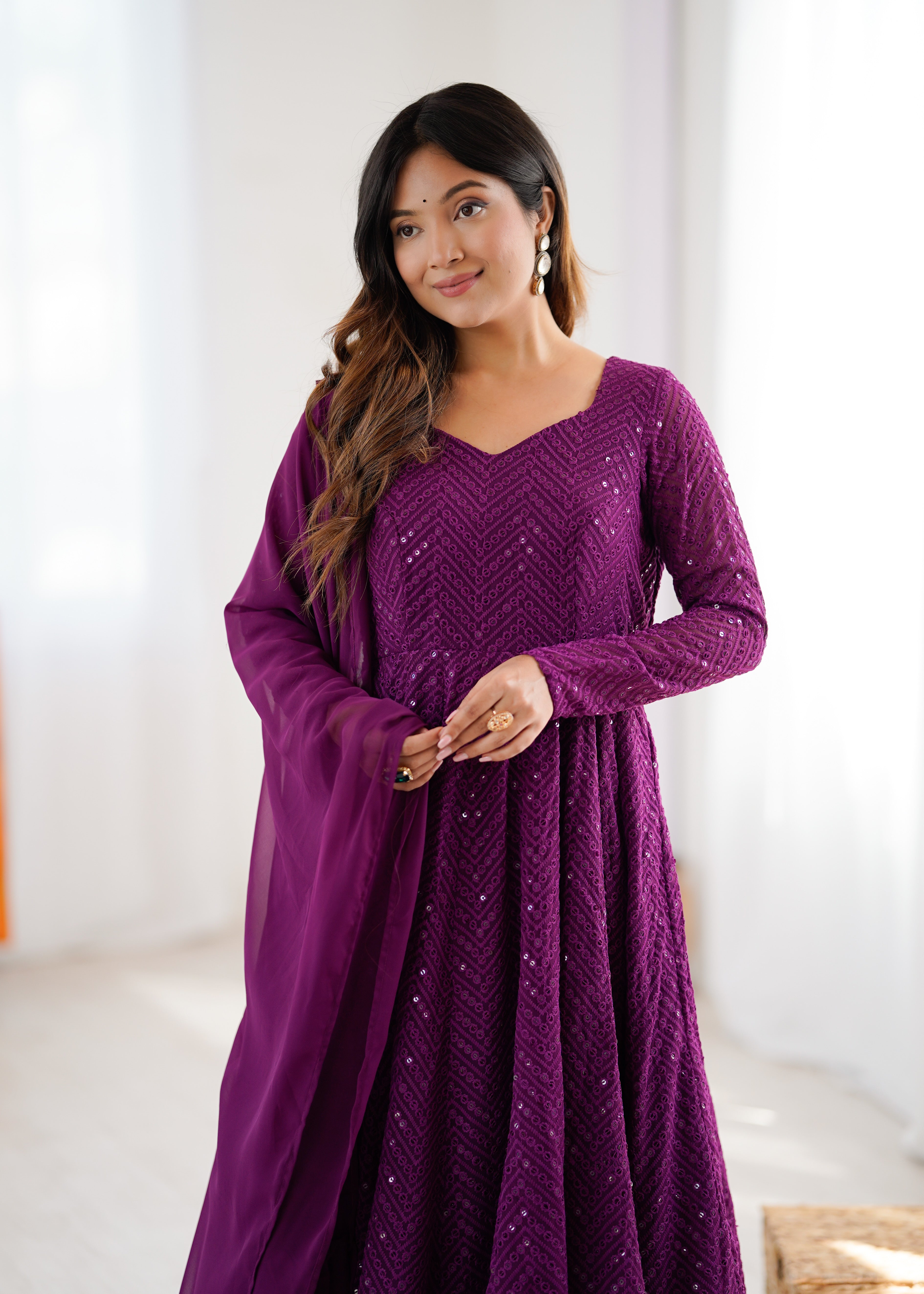 Purple Color New Arrival Designer Georgette Lucknowi Sequence Work Anarkali Set