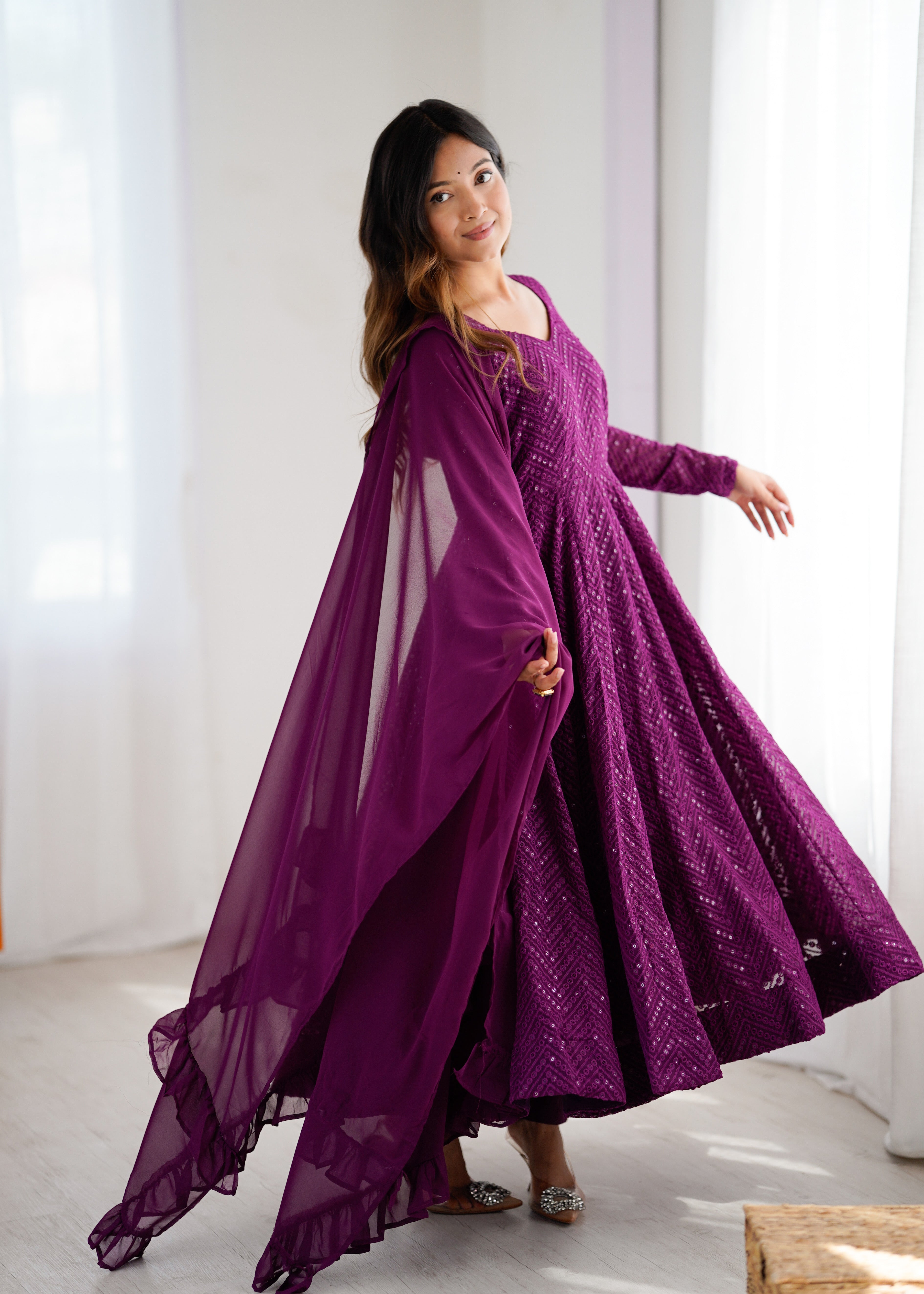 Purple Color New Arrival Designer Georgette Lucknowi Sequence Work Anarkali Set