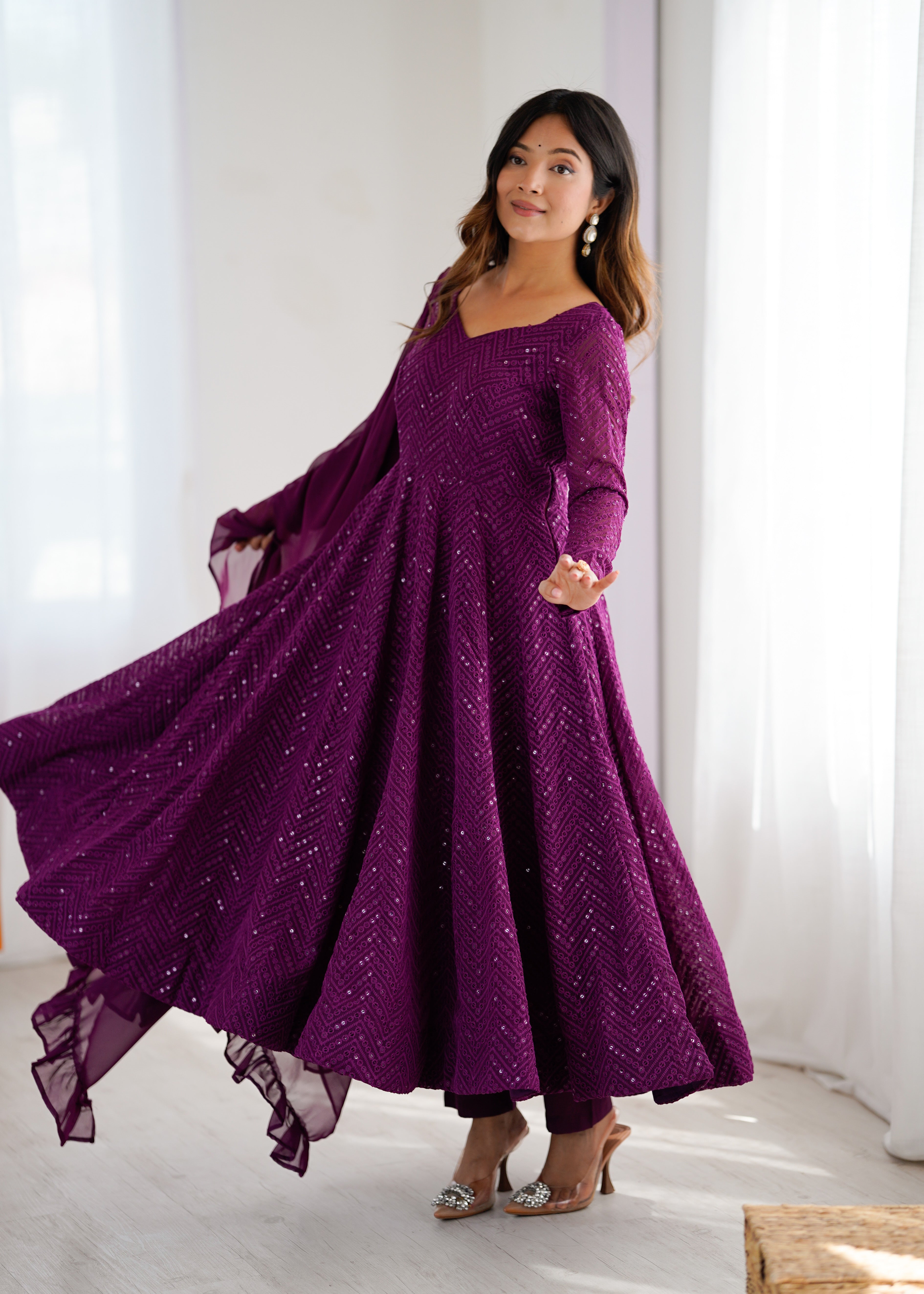 Purple Color New Arrival Designer Georgette Lucknowi Sequence Work Anarkali Set