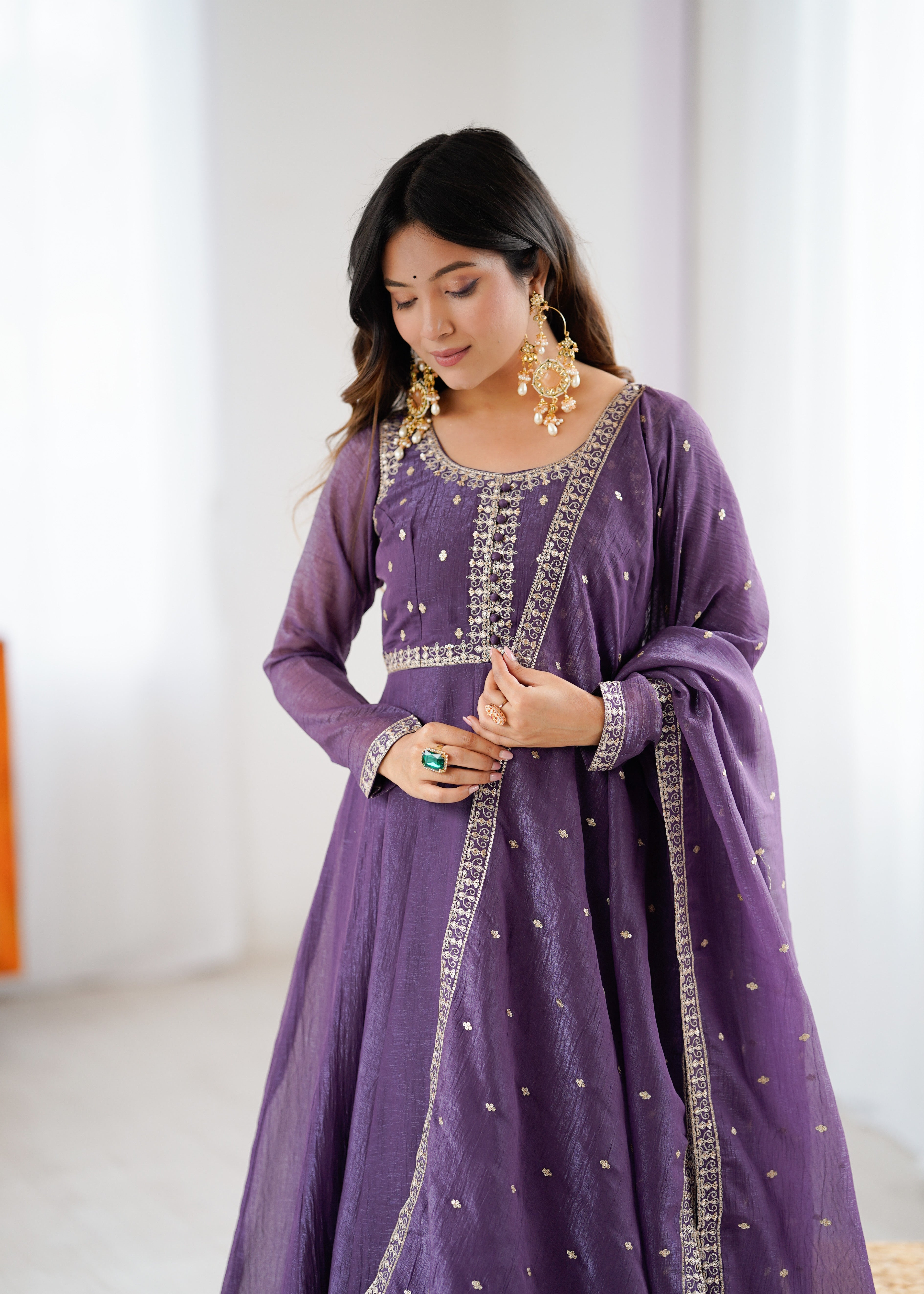 Purple Heavy Crunchy Silk Embroidered Anarkali Set