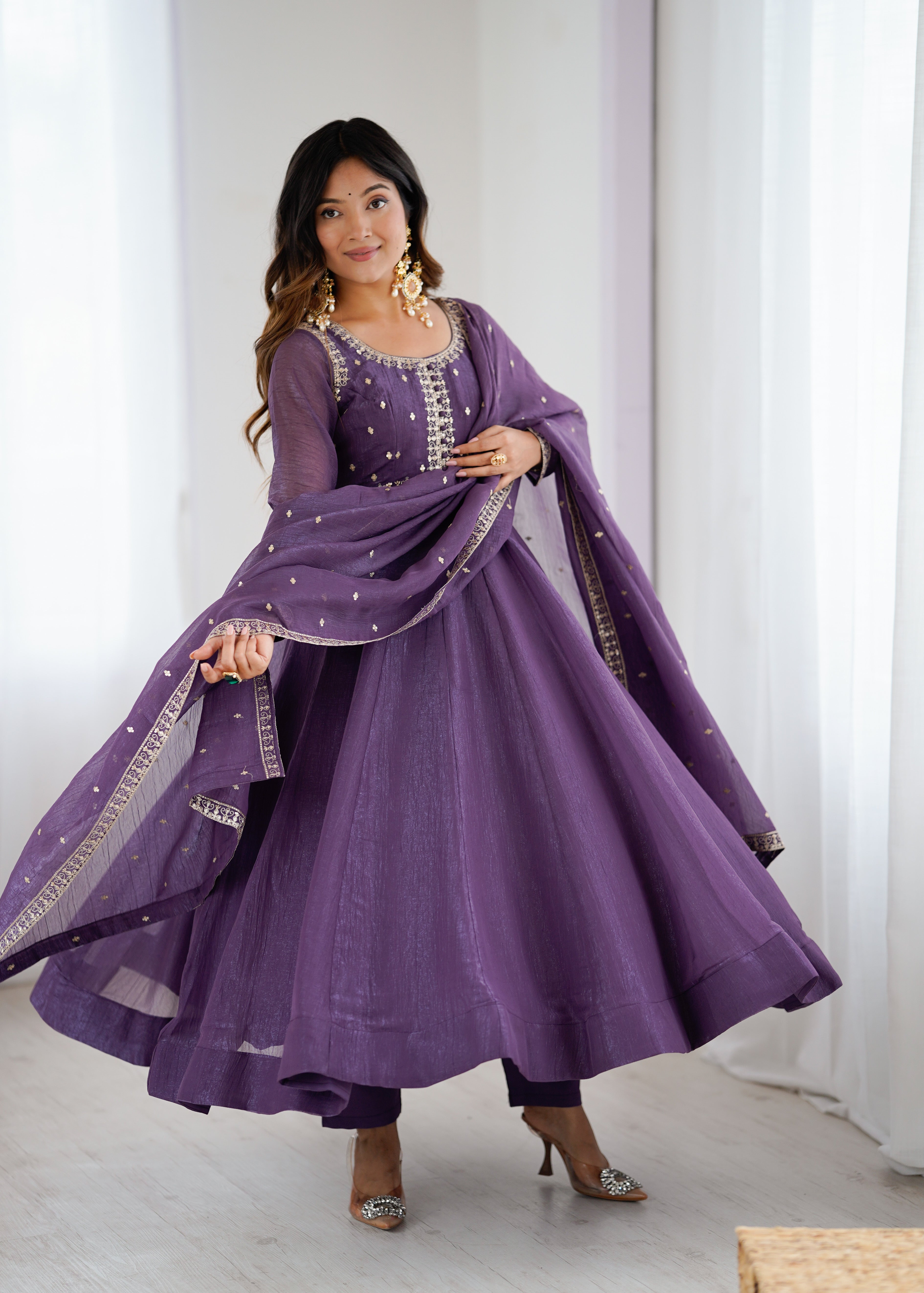 Purple Heavy Crunchy Silk Embroidered Anarkali Set