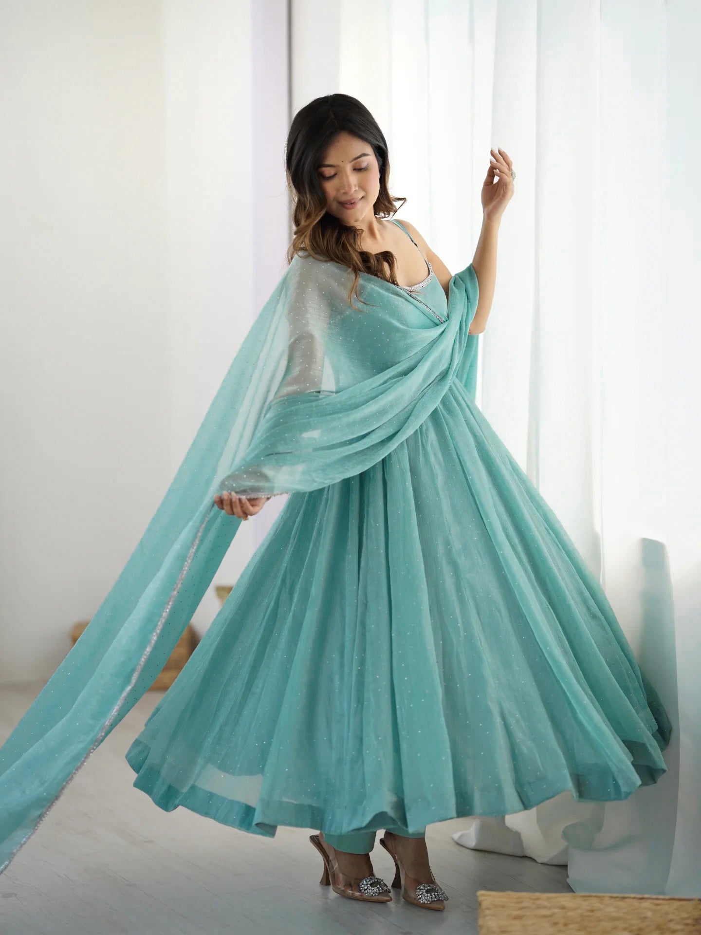 New Sky Color Siroksi Work in Crunchy Silk Fabric Anarkali Set