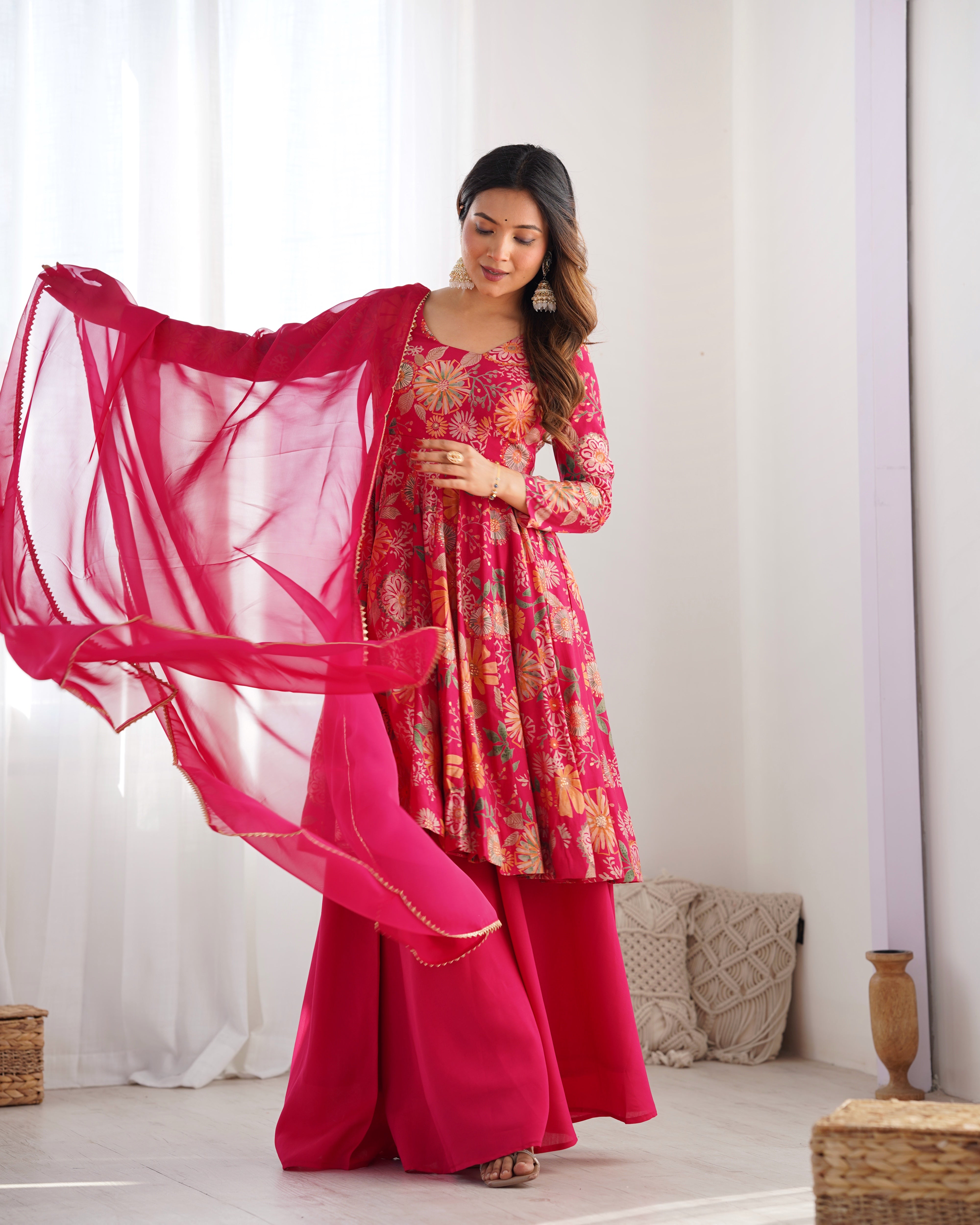 Red Color Heavy Pure Roman Silk Kediya Kurta Set with Plazzo And Dupatta Set