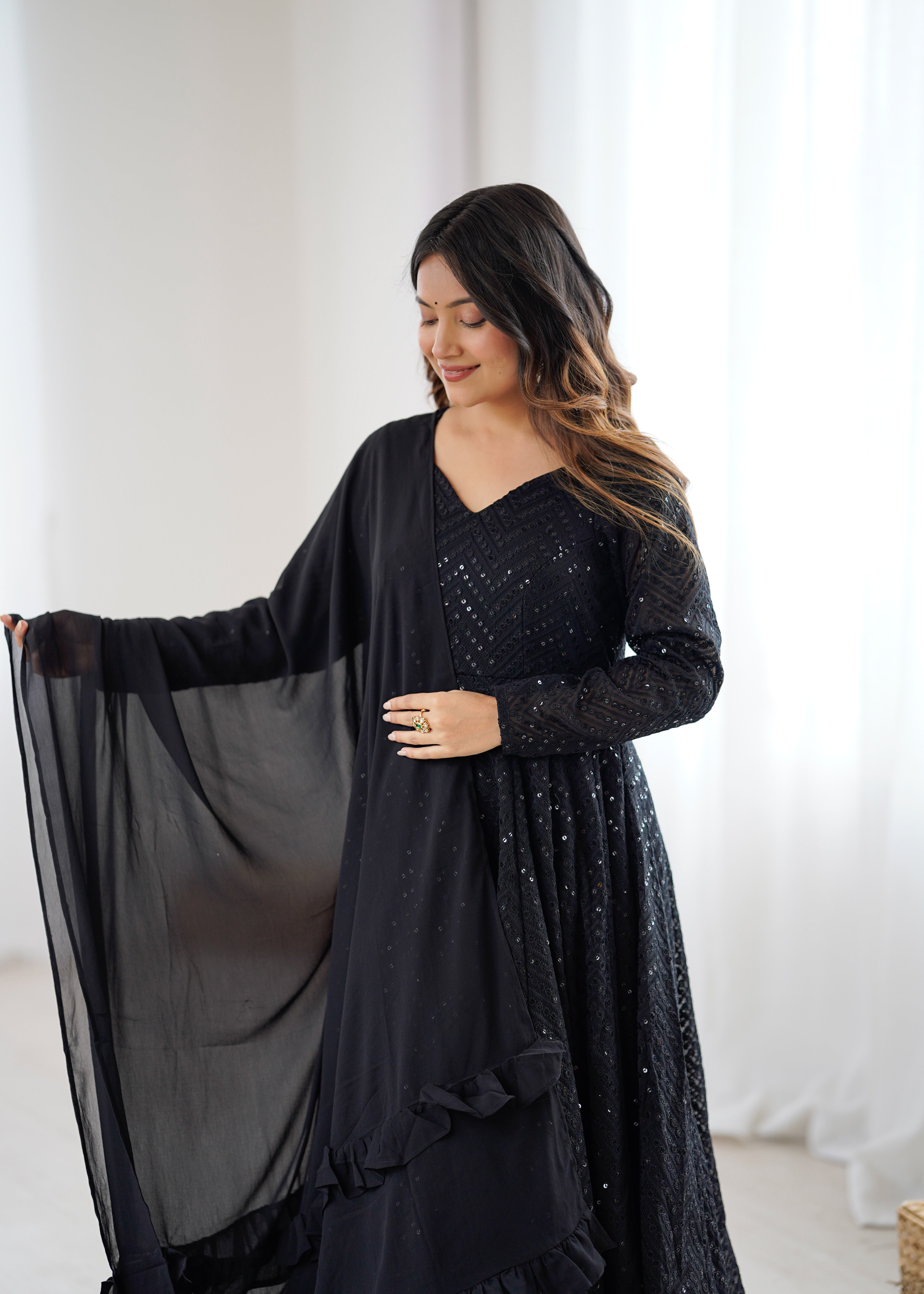 Black Colour Soft Fox Georgette Lucknowi Work Anarkali Set
