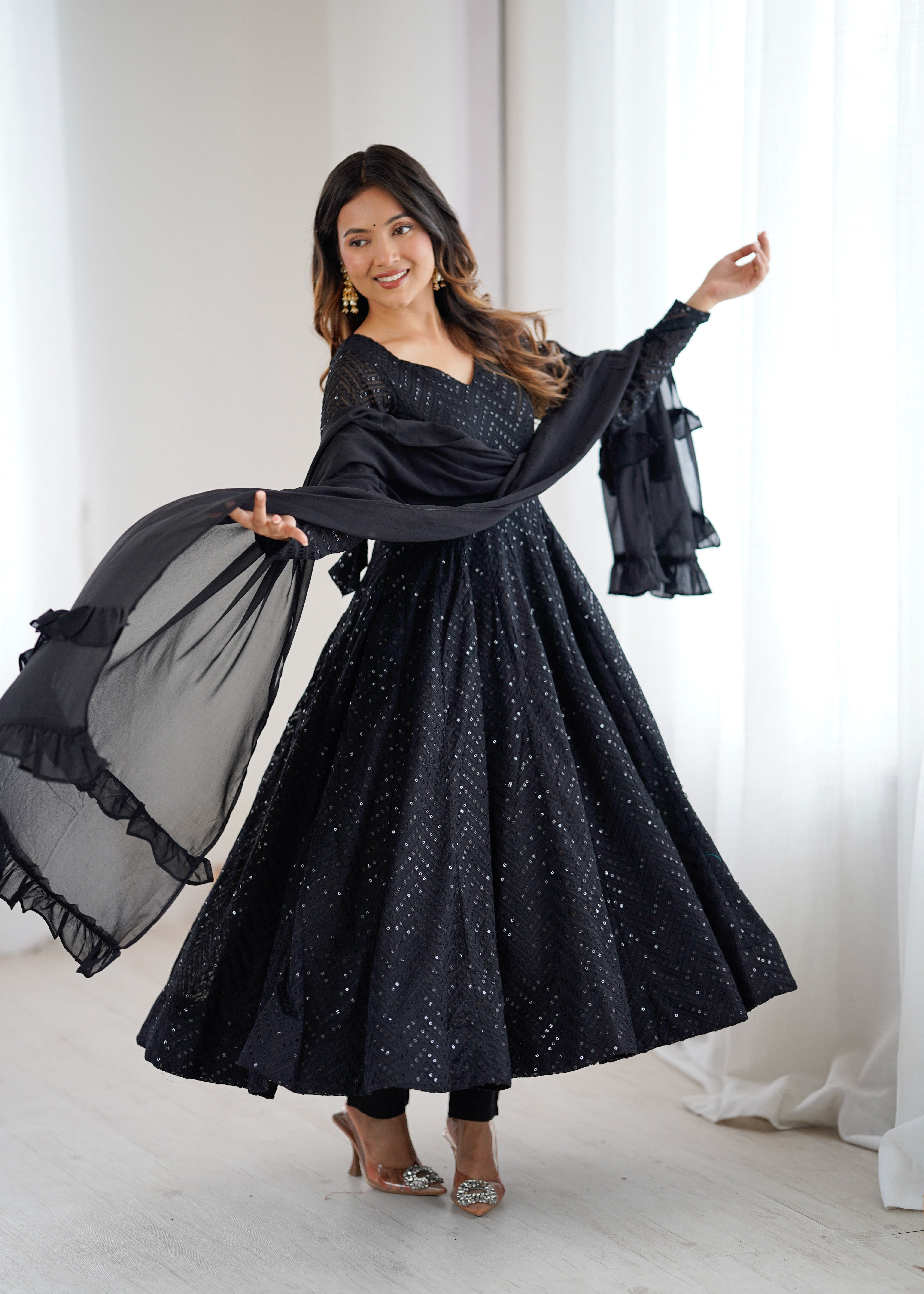 Black Colour Soft Fox Georgette Lucknowi Work Anarkali Set
