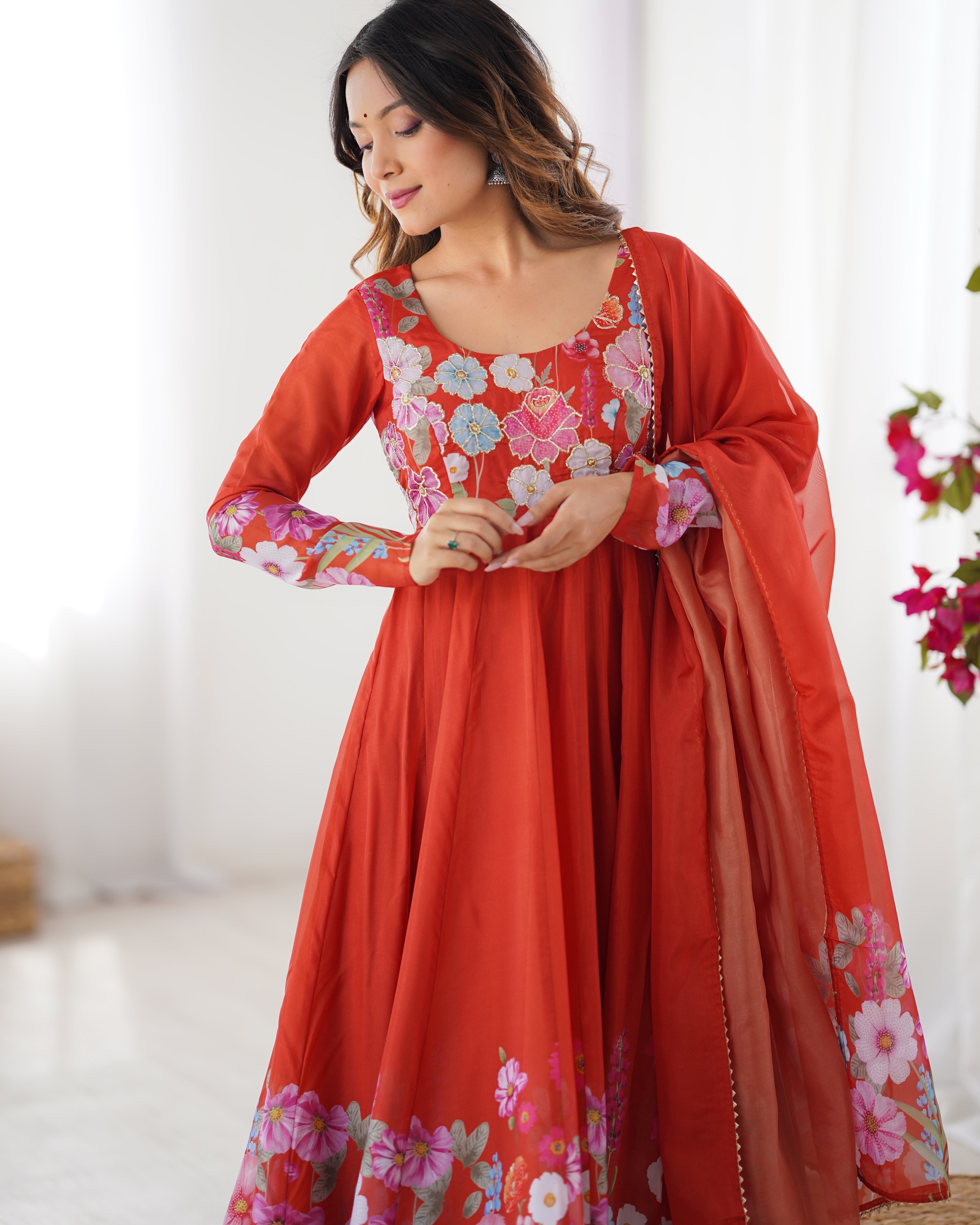 Orange Color Organza Silk Kurta with Handwork Anarkali Suit