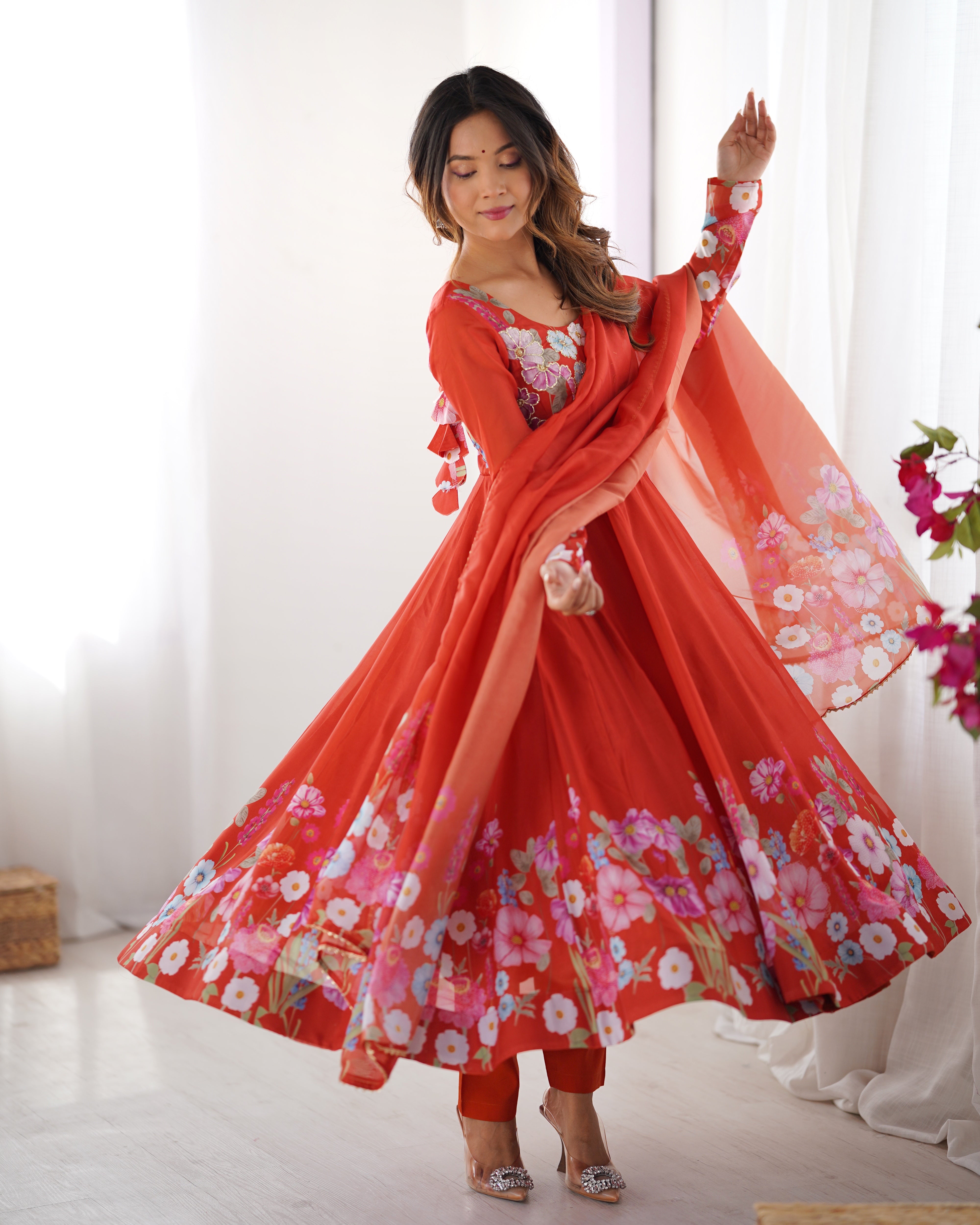 Orange Color Organza Silk Kurta with Handwork Anarkali Suit