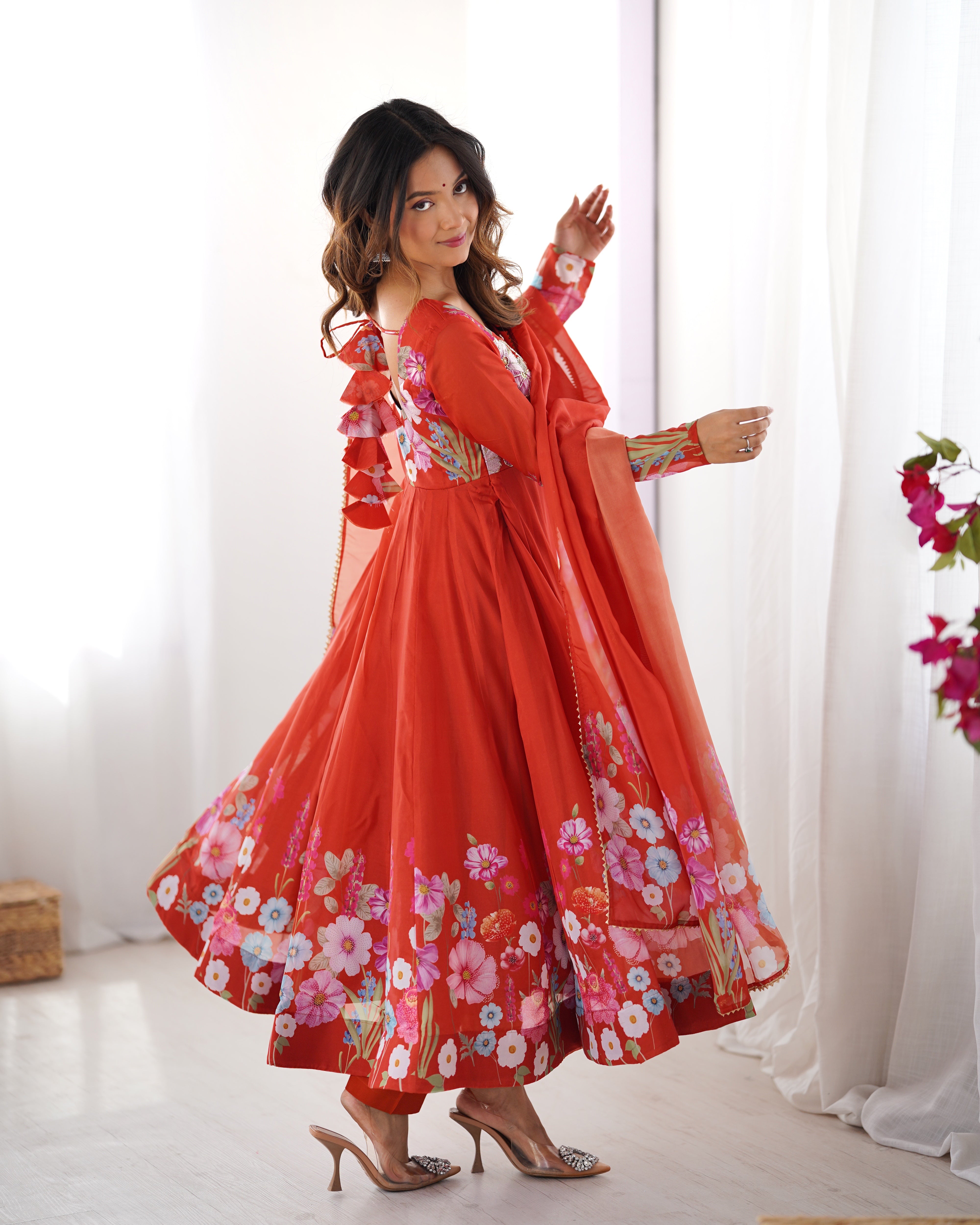 Orange Color Organza Silk Kurta with Handwork Anarkali Suit