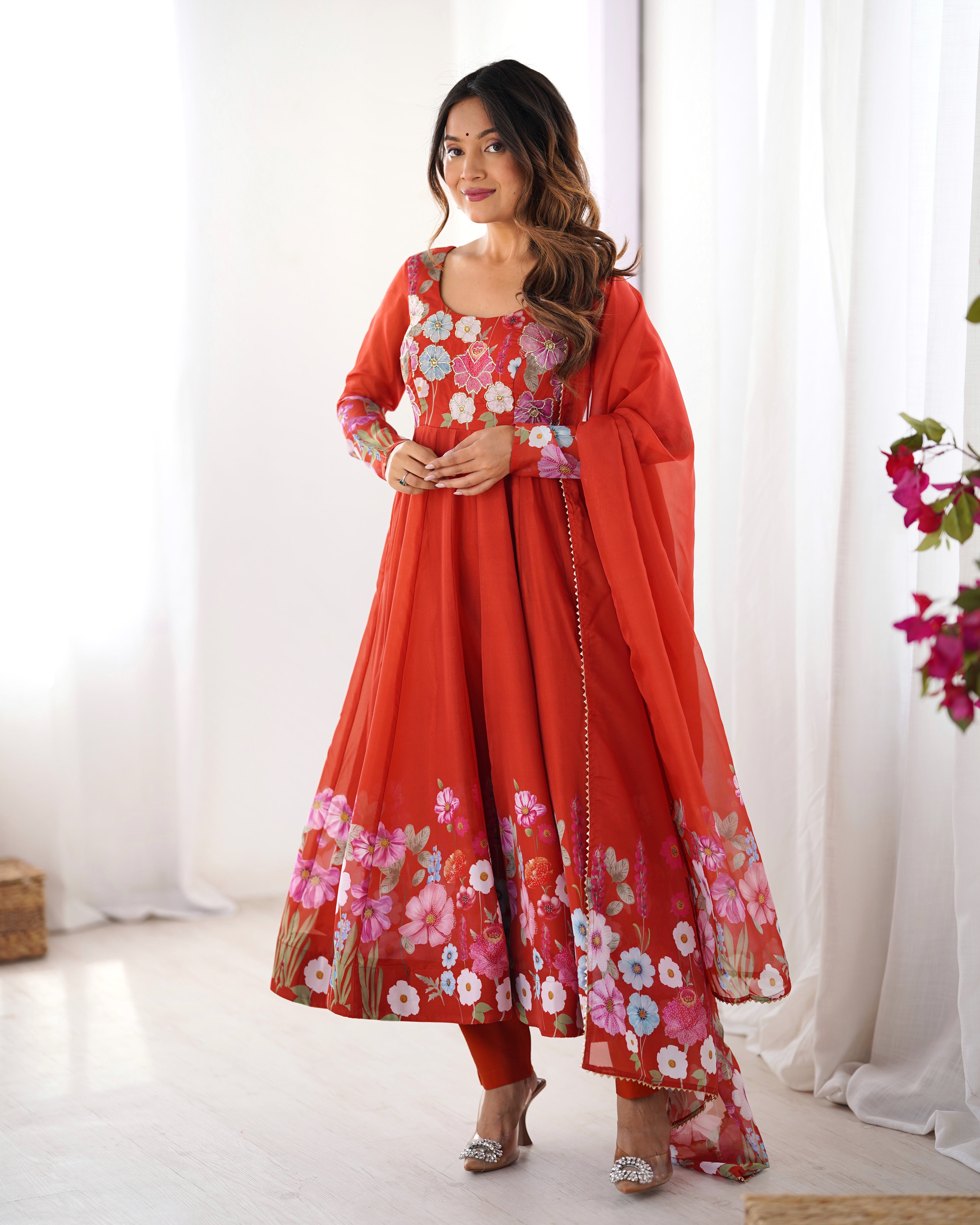 Orange Color Organza Silk Kurta with Handwork Anarkali Suit