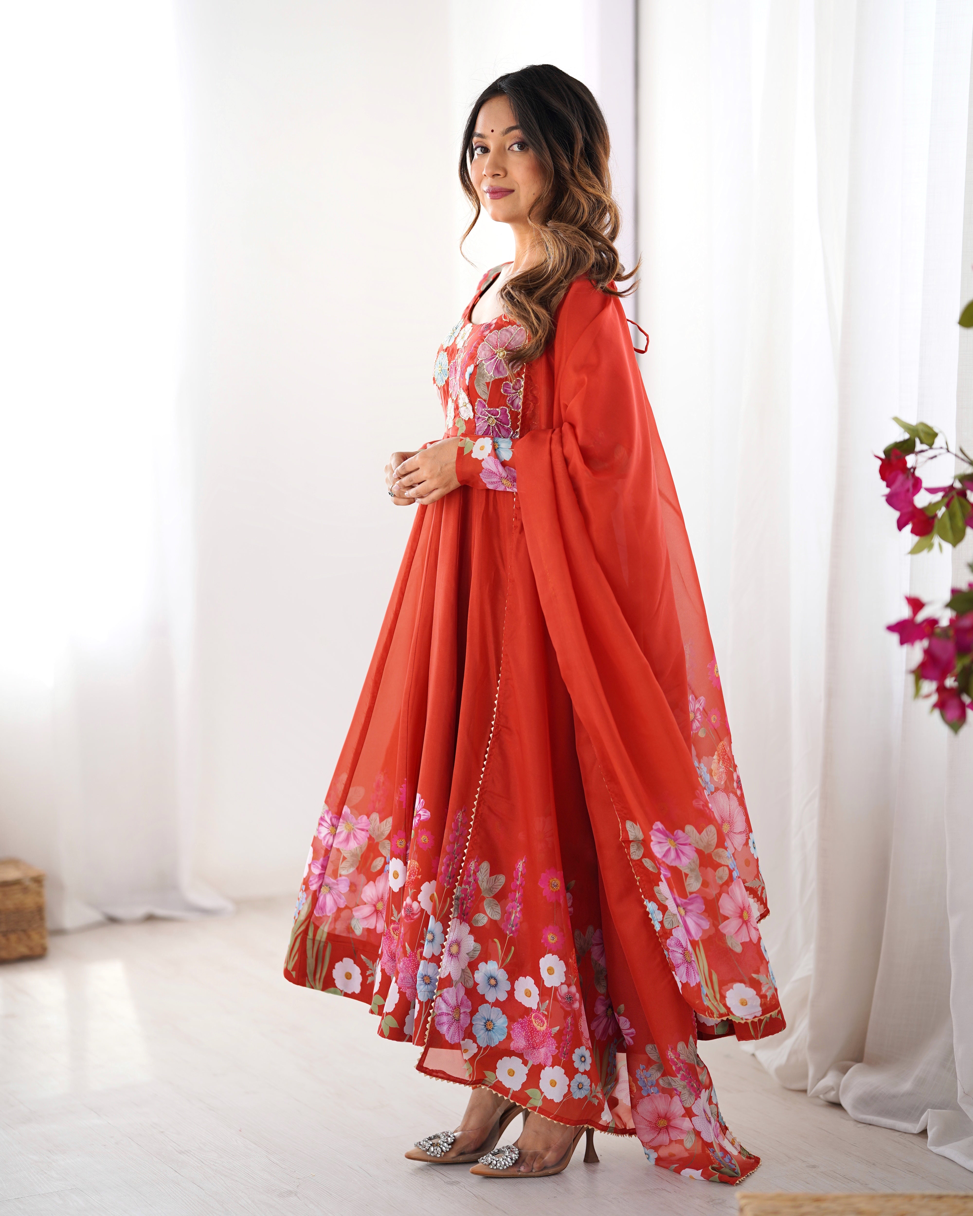 Orange Color Organza Silk Kurta with Handwork Anarkali Suit