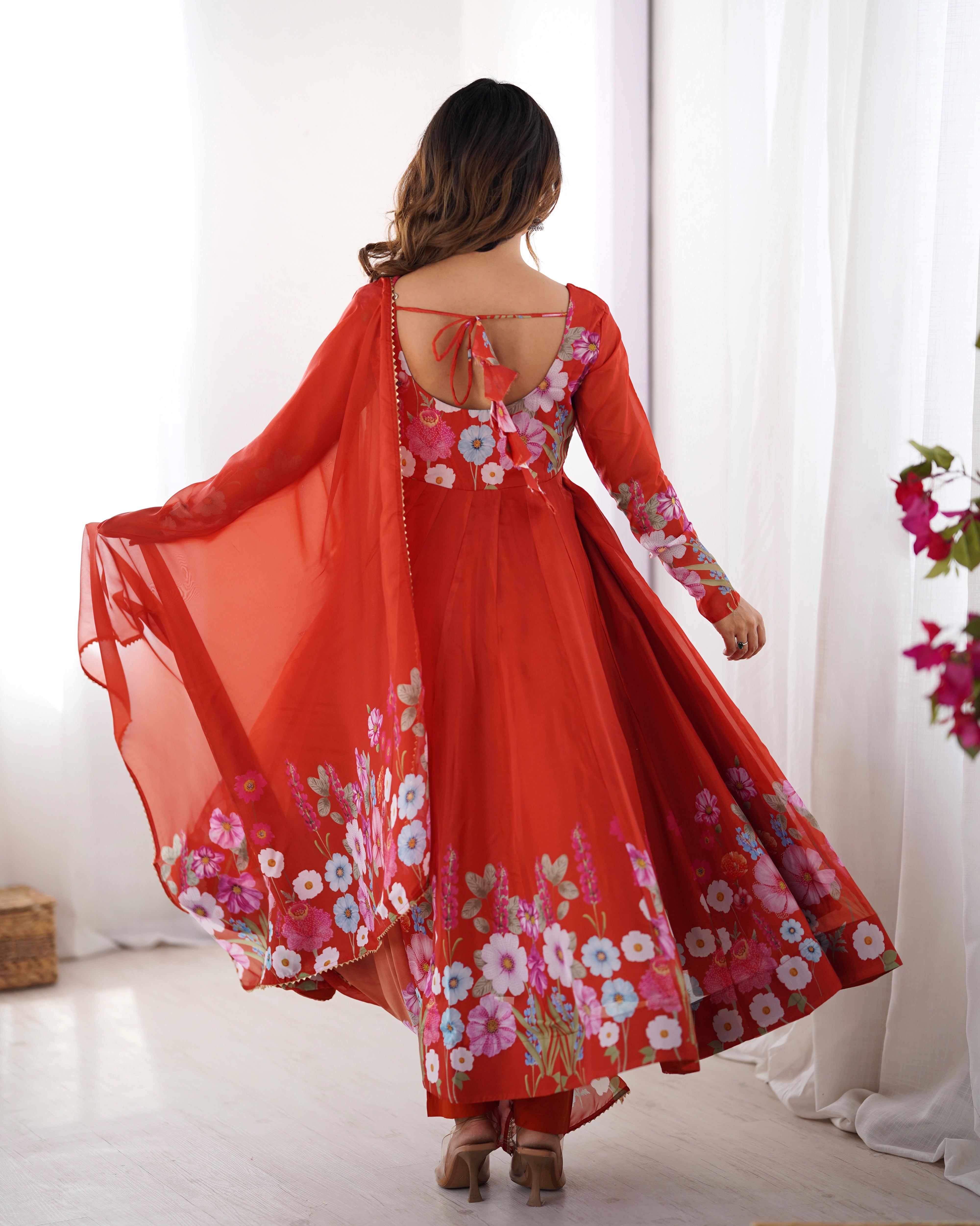Orange Color Organza Silk Kurta with Handwork Anarkali Suit