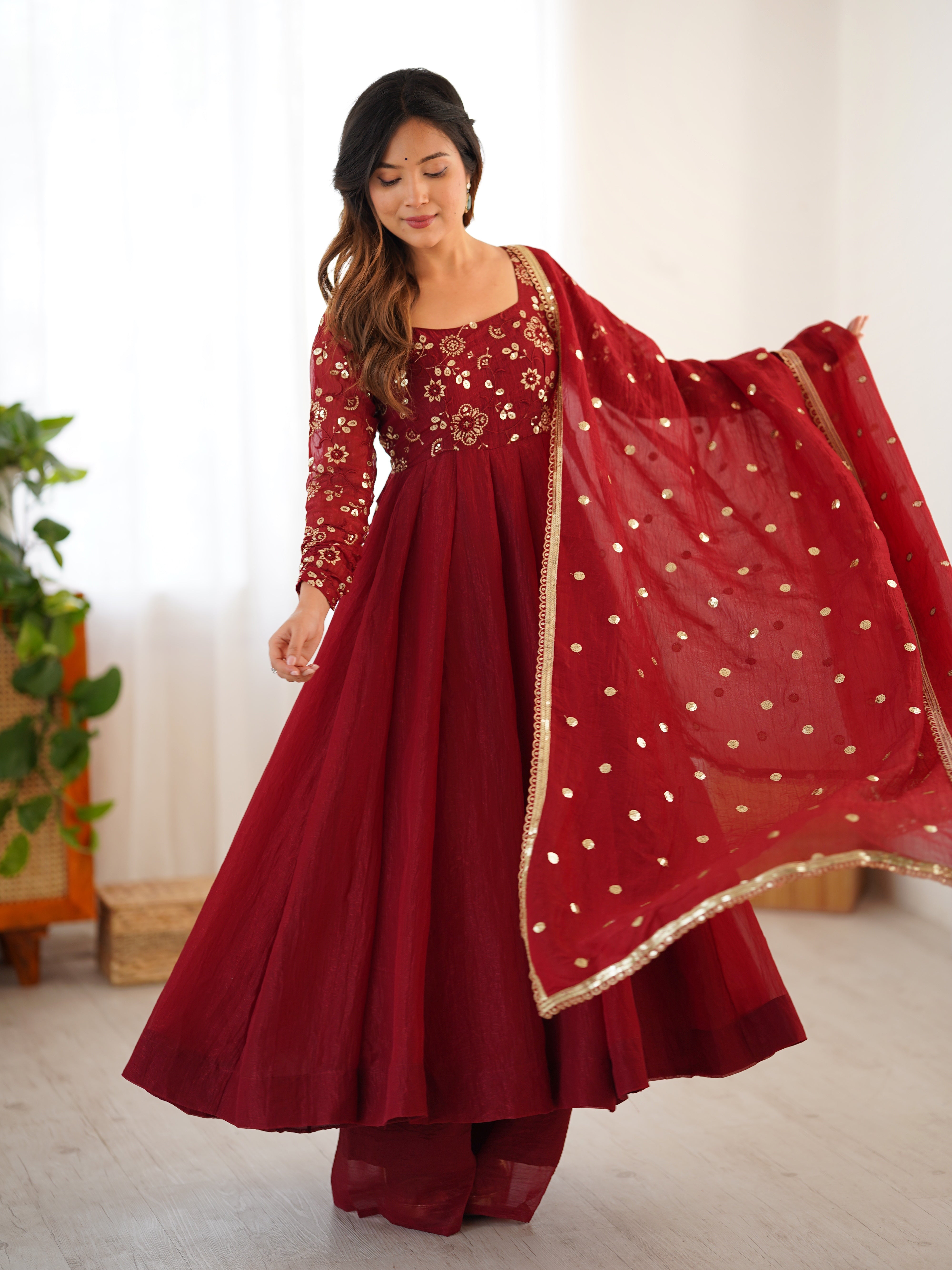 New Partywear Luxurious Crunchy Silk with Lace Border Fully Flared Anarkali Gown
