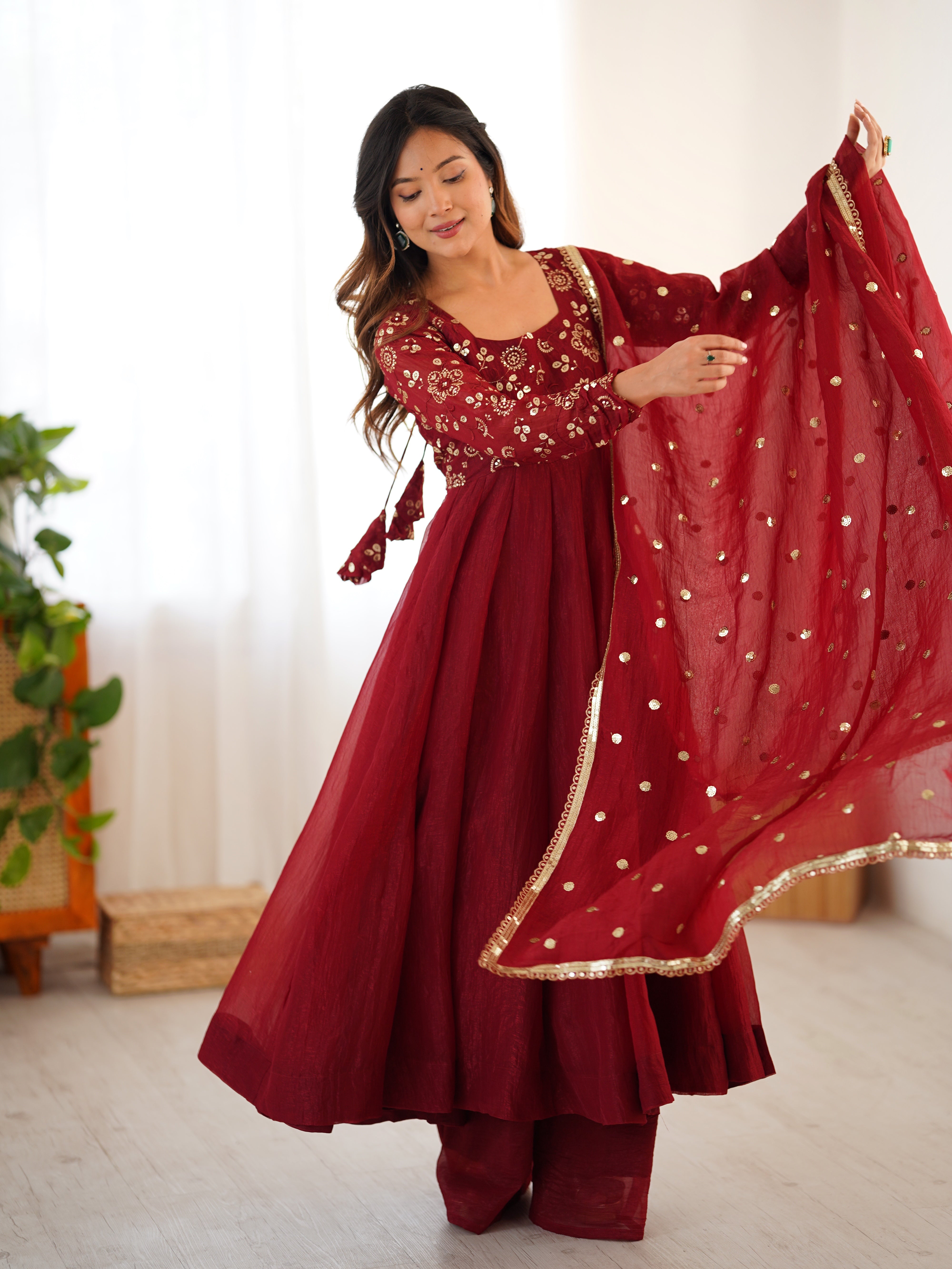 New Partywear Luxurious Crunchy Silk with Lace Border Fully Flared Anarkali Gown