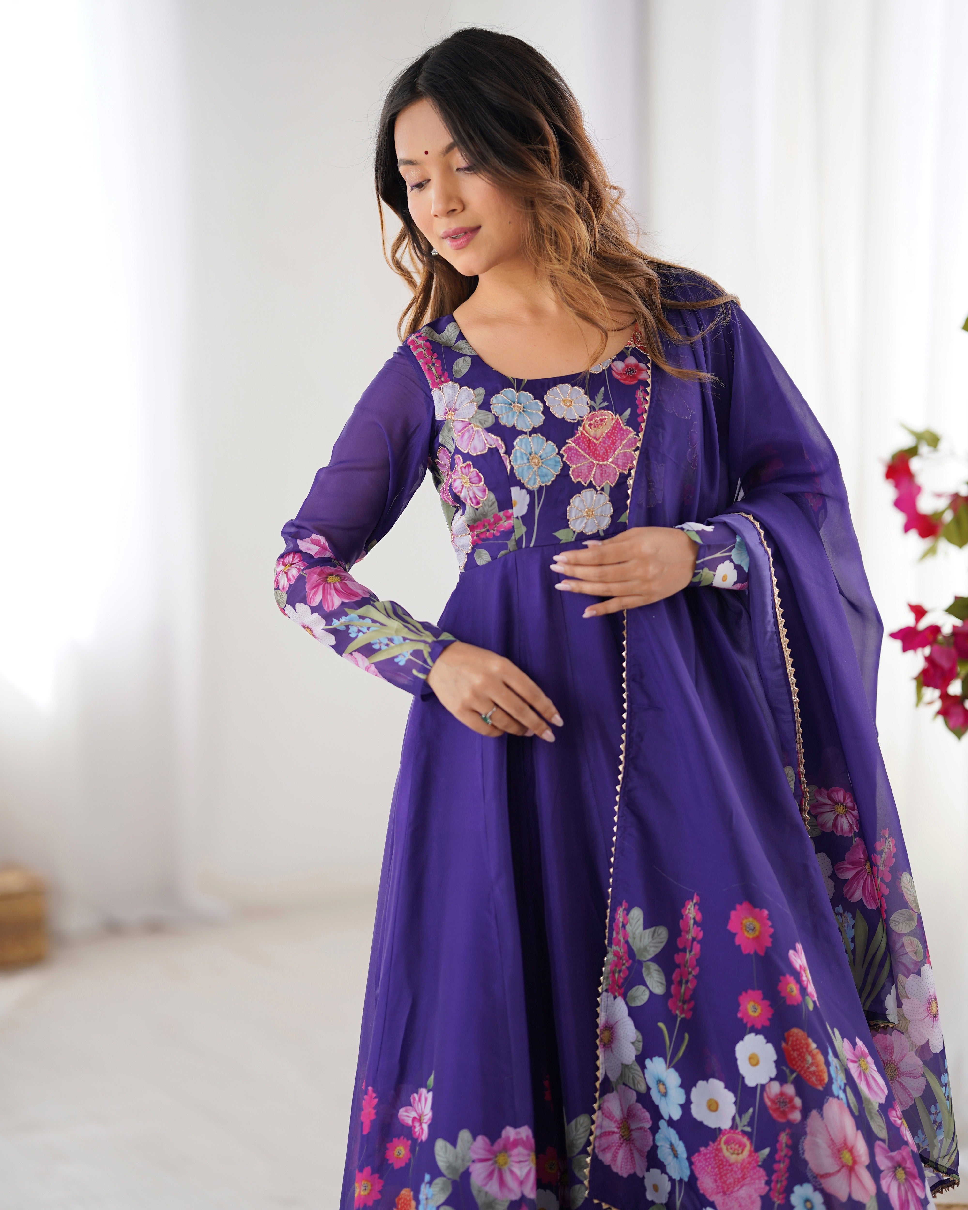 Blue Color Organza Silk Kurta with Handwork Anarkali Suit